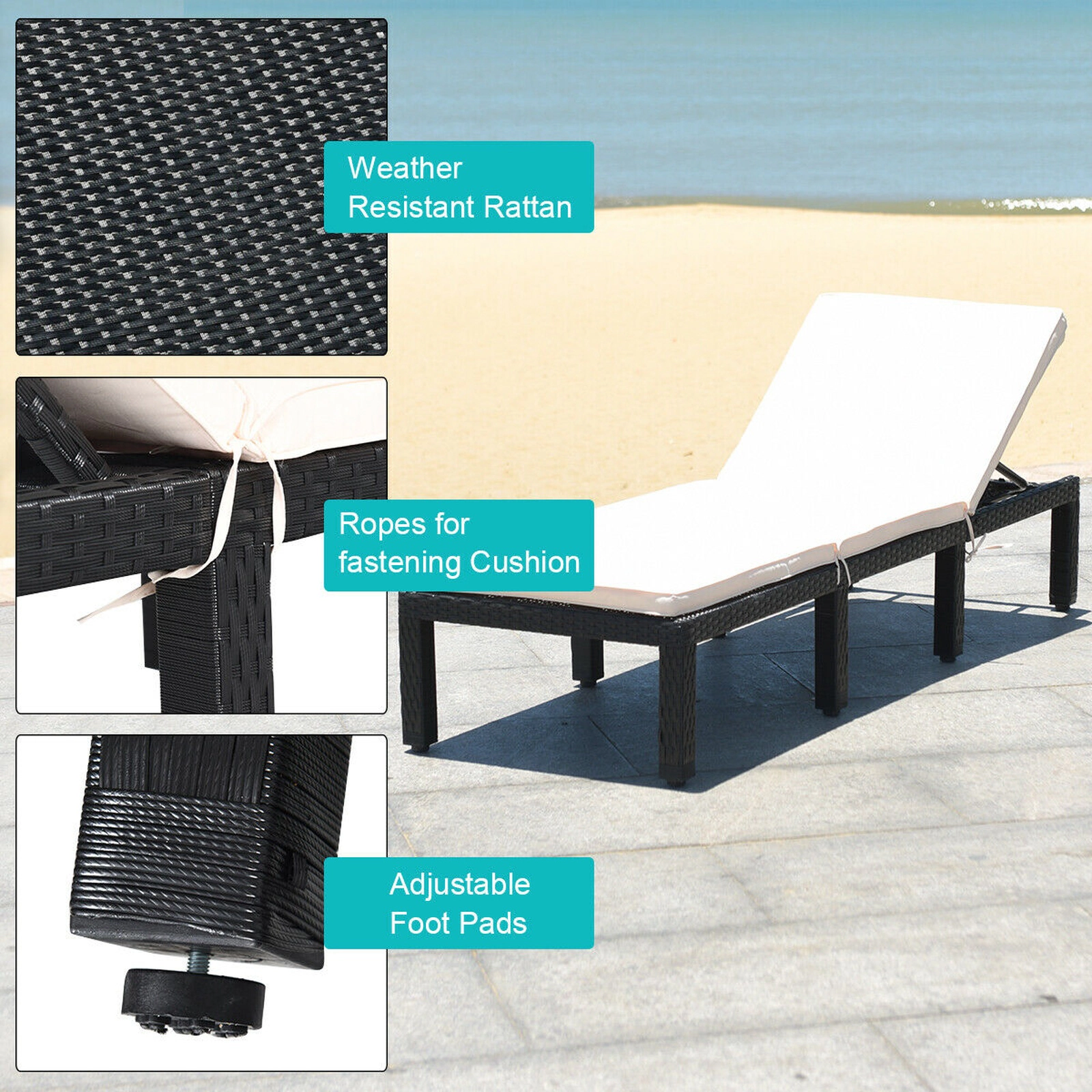 SUGIFT White Cushioned Height Adjustable Backrest 355-lb PE Wicker Patio Rattan Chaise Lounge