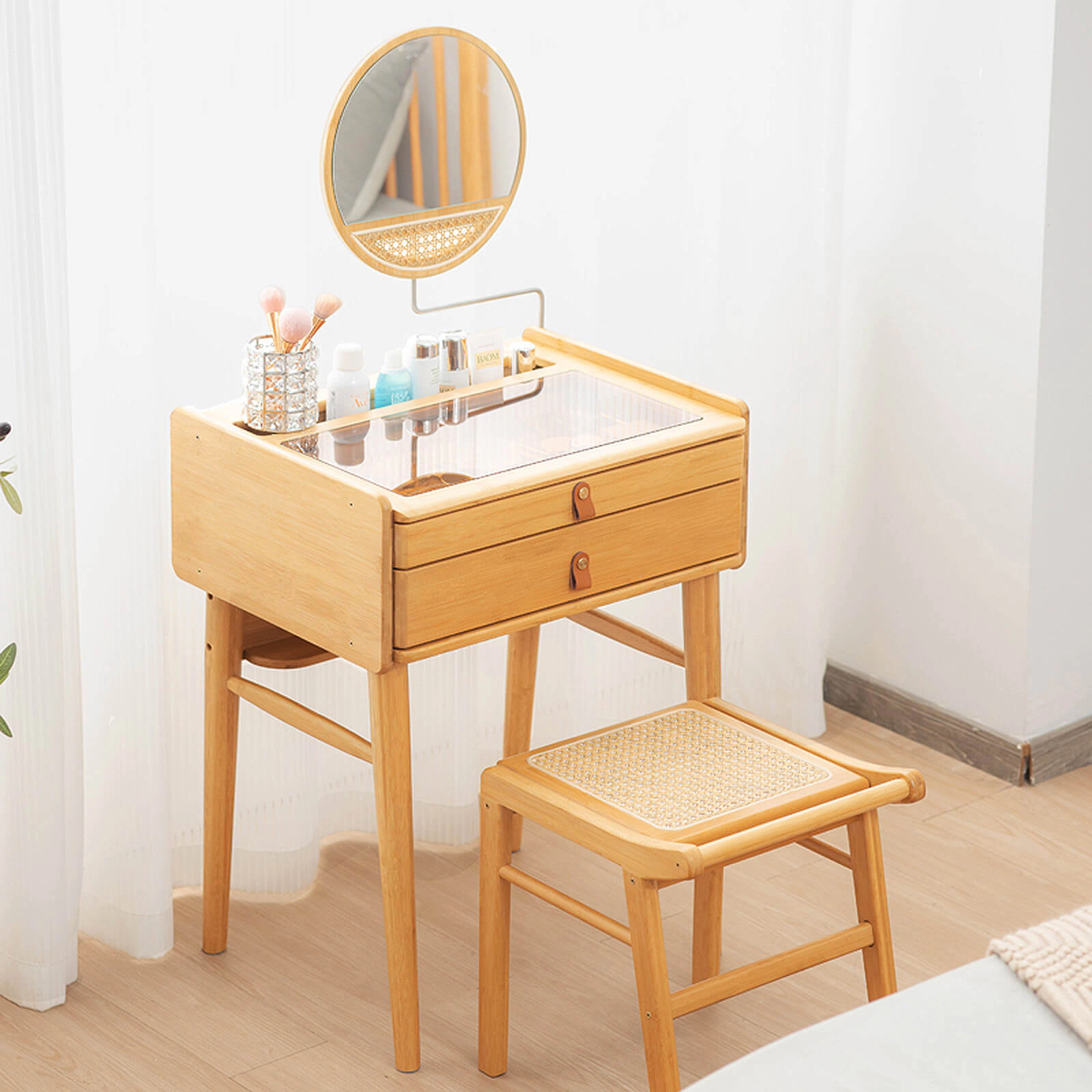 SUGIFT Bamboo Makeup Vanity Table with Stool and Rotating Mirror 155-lb Table Capacity 265-lb Stool Capacity Natural