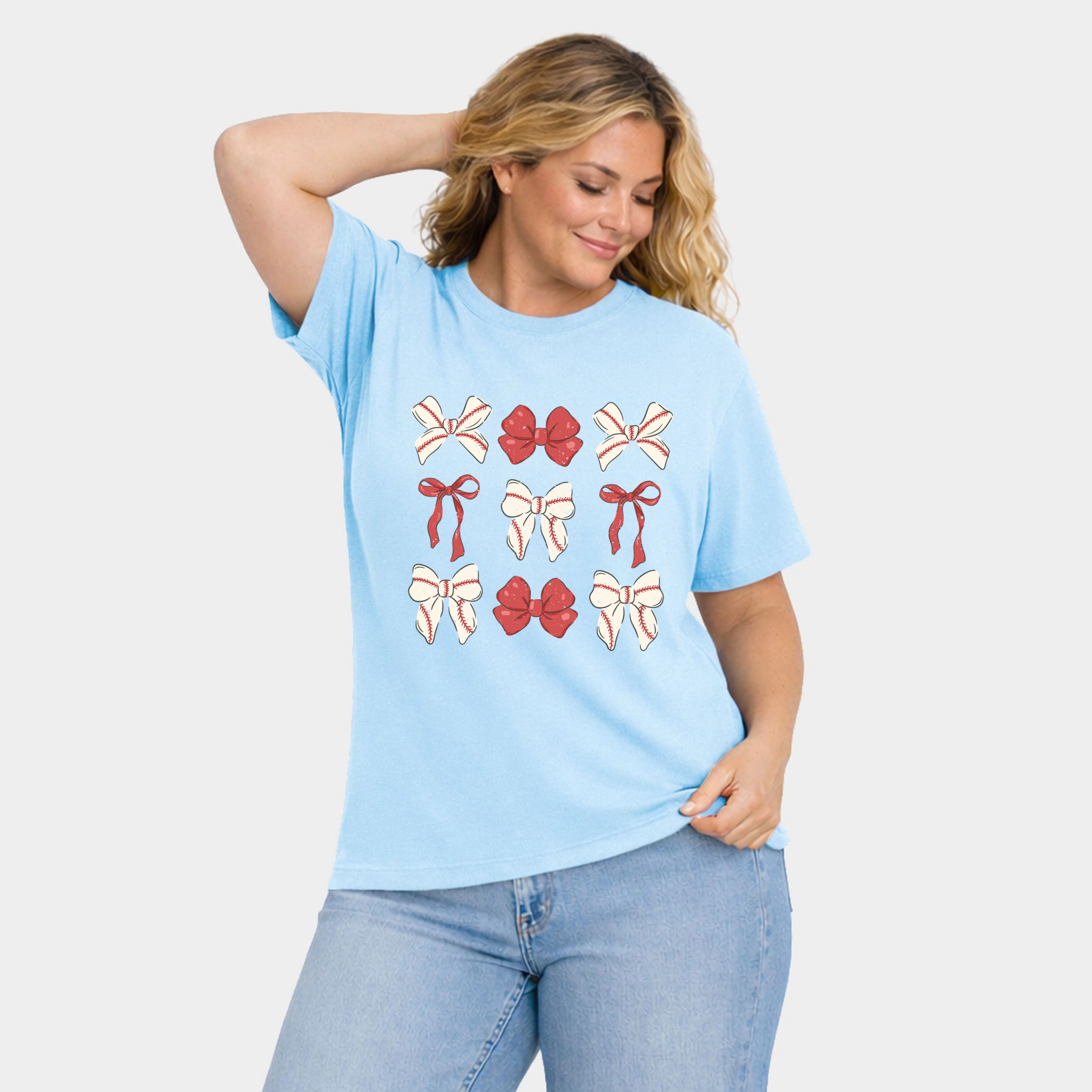 Simply Sage Market - Coquette Baseball Bow Chart - Women's Plus Sized Garment Dyed Graphic T-Shirt