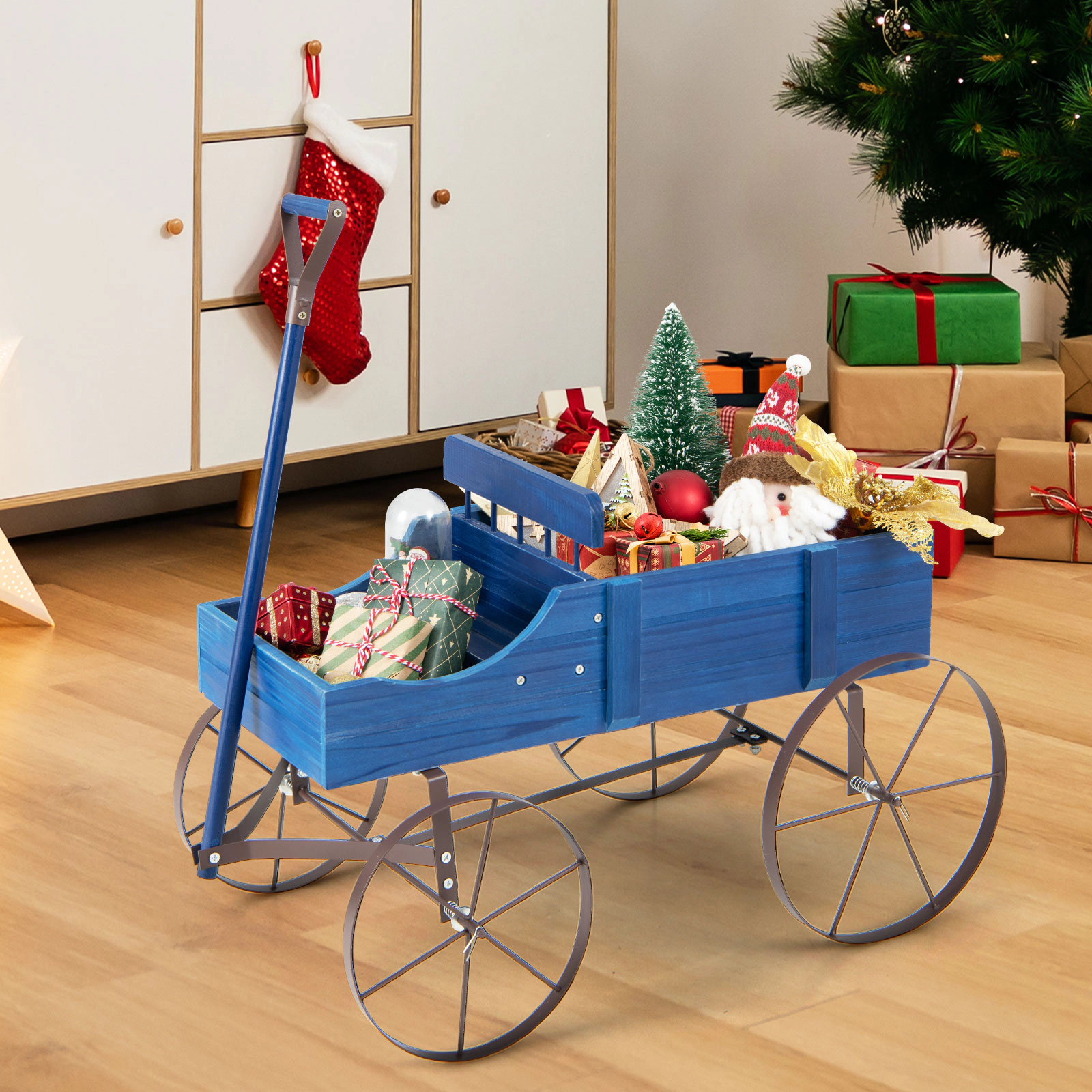 SUGIFT 33-lb Capacity 24.5-in Fir Wood Wagon Planter with 2 Planting Sections 4 Metal Wheels and Handle