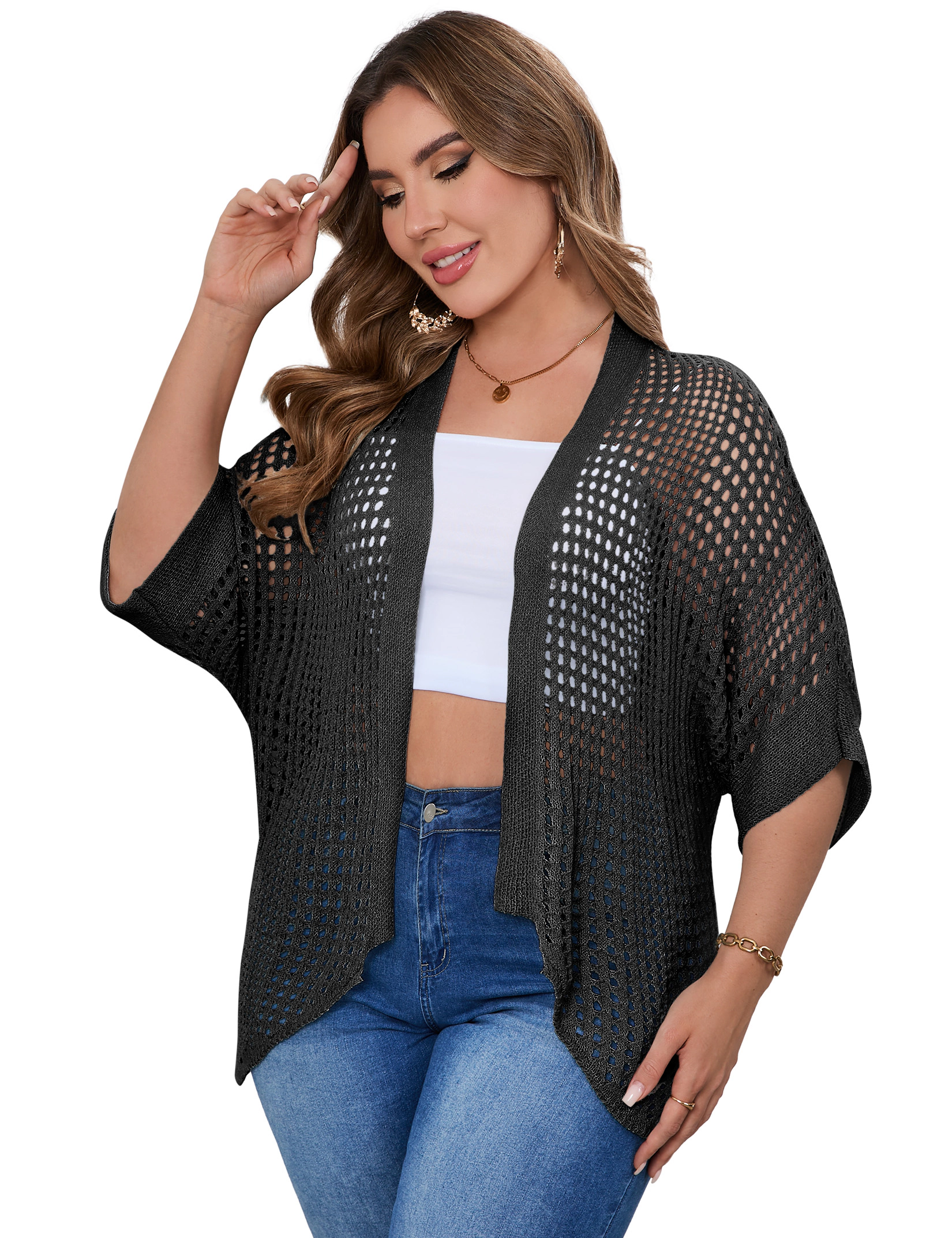 KOJOOIN Women's Plus Hollow Knit Cardigan 3/4 Sleeve Open Front Knitted Shrug Sweater Tops