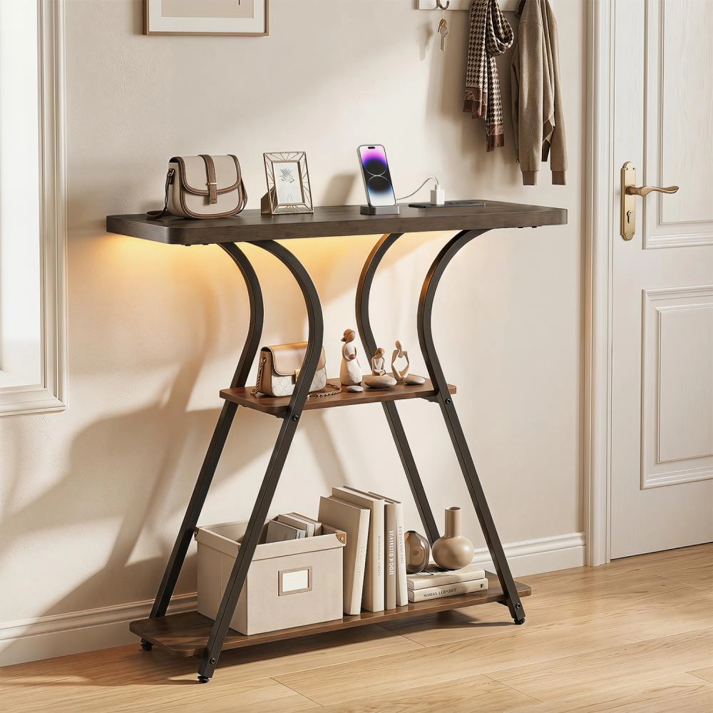 Hivvago 32 Inch Narrow Long Entryway Table With Power Outlets And Led Lights