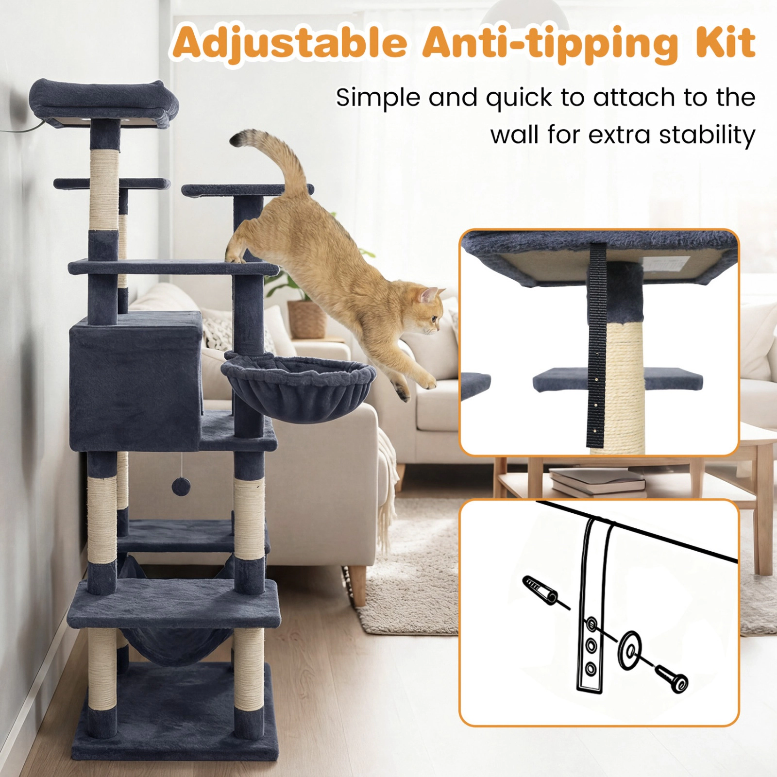 SUGIFT Multi-Level 63-in Tall Cat Tree Tower with Condo Hammock Perches 19 x 19 in Base Dark Gray