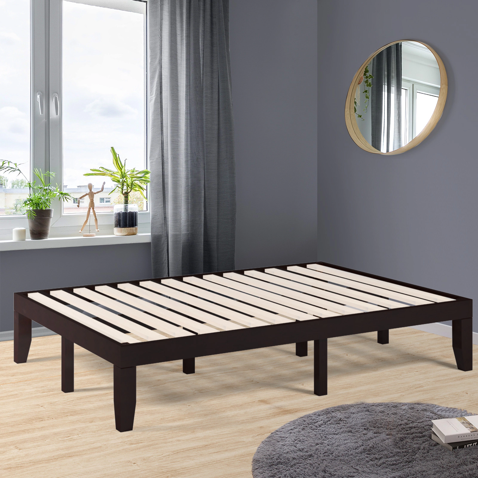 SUGIFT Brown 14 Wood Slats 14 Inch Full Size Solid Wood Platform Bed Frame