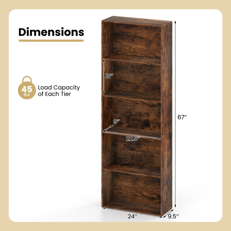 Hivvago 5-Tier Bookshelf Open Bookcase Freestanding Display Shelf Storage Organizer