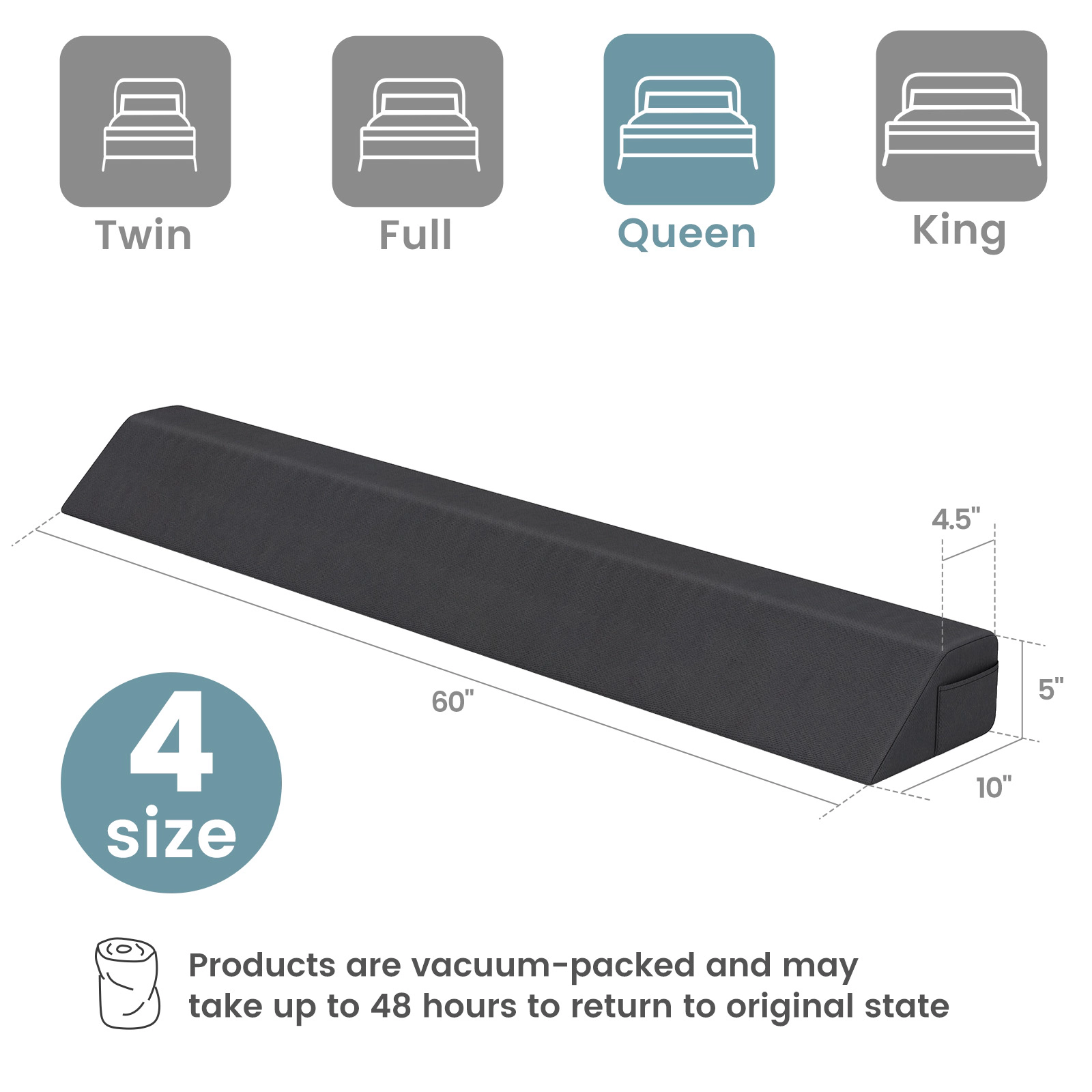 SUGIFT Queen Size Firm Foam Washable Cover Headboard Gap Filler Bed Wedge Pillow 60-in x 10-in x 5-in 4.5-in Top Gray
