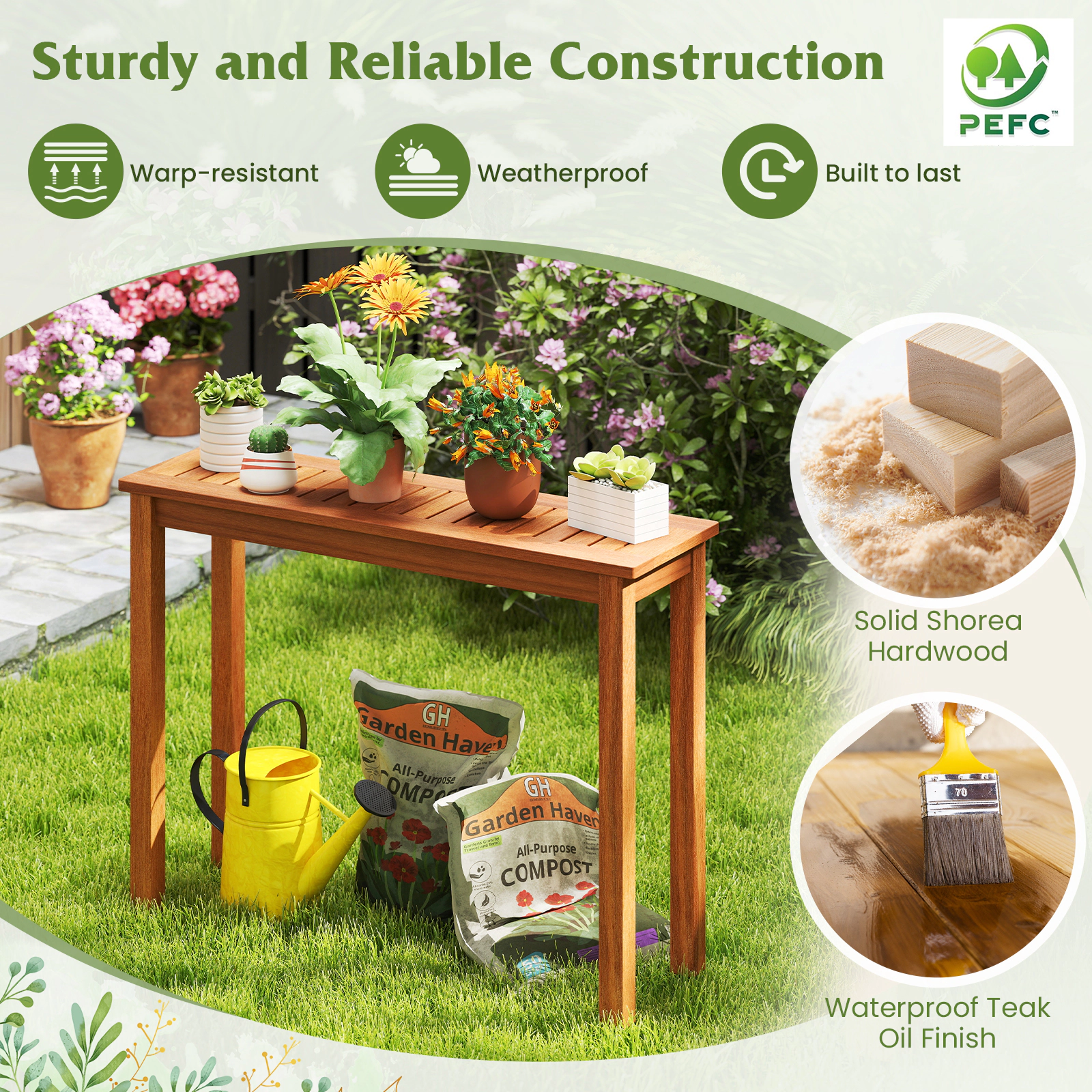 SUGIFT Slatted Top Wooden Plant Stand Bench 330-lb Capacity Brown Indoor Outdoor Flower Pot Holder Display Shelf