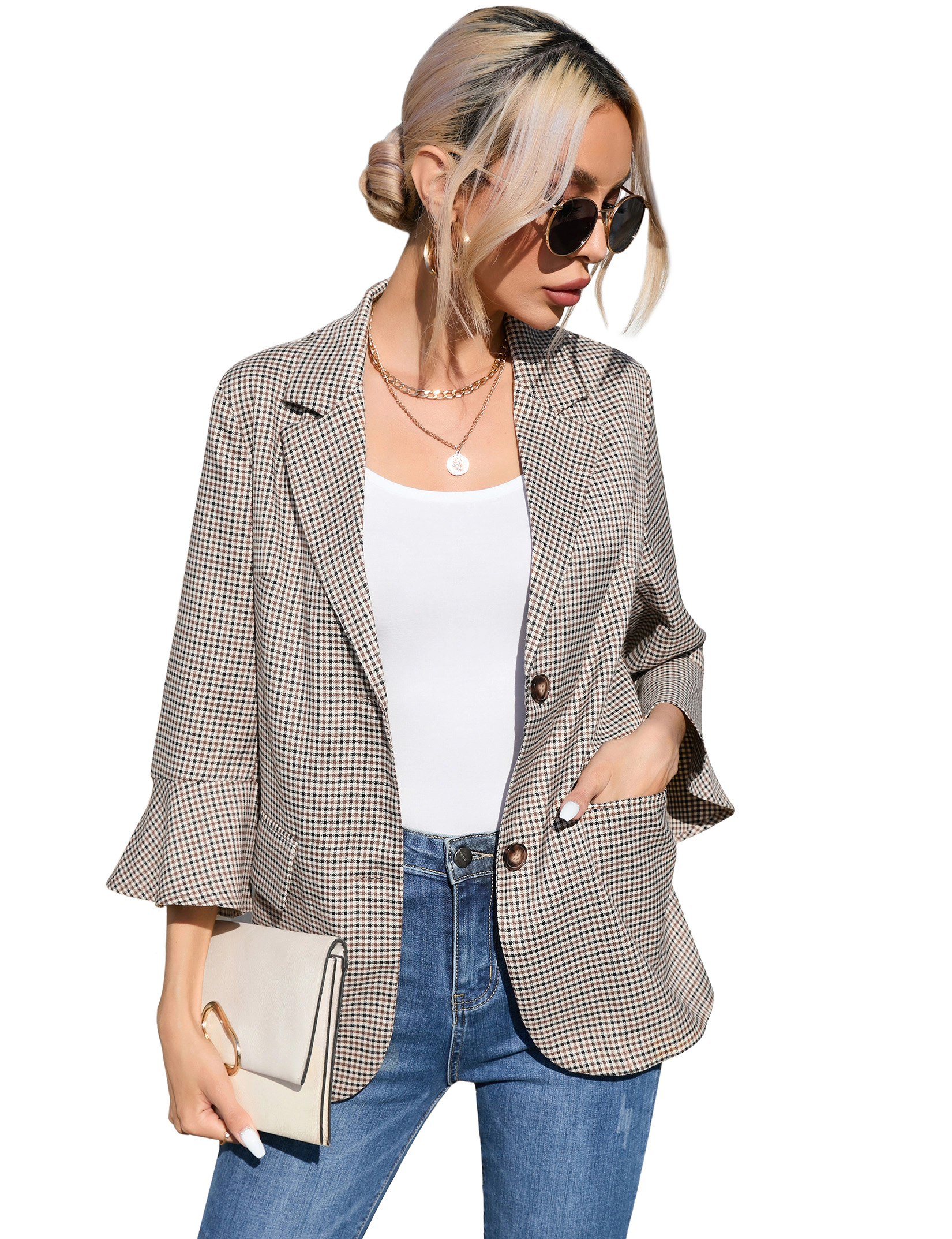 KOJOOIN Women's Blazer Bell Sleeve Button Jacket Lightweight Casual Suit with Pockets