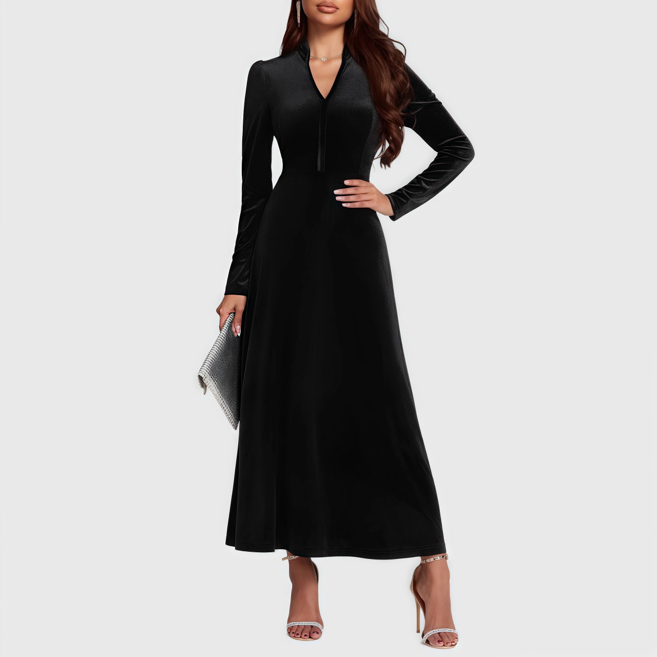 YesFashion Womens Velvet Maxi Dress Casual V Neck Long Sleeve High Waist A Line Flowy Party