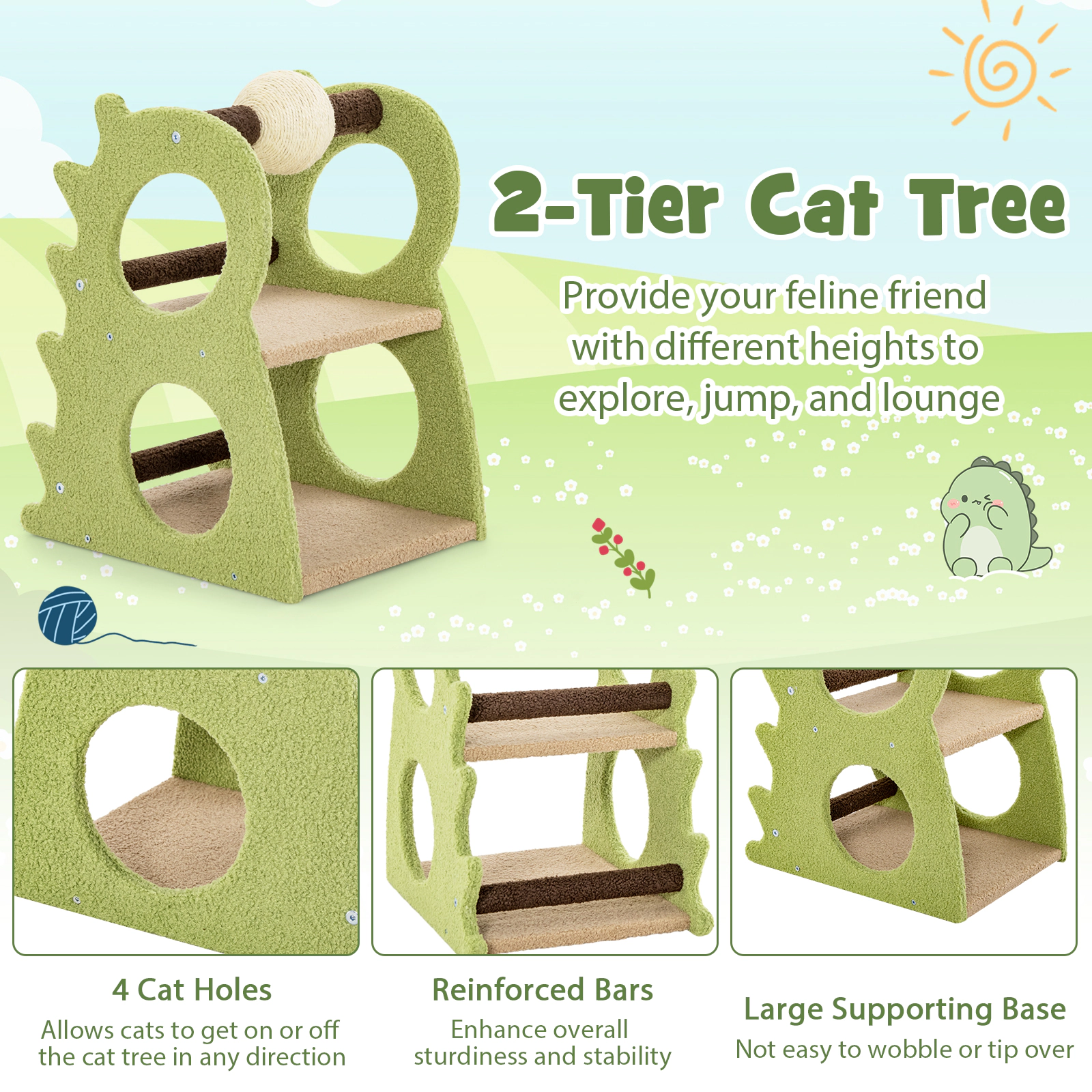 SUGIFT 2-Tier Modern Cat Tree for Indoor Cats with Rotatable Sisal Scratching Ball 22-lb Capacity Green+Beige