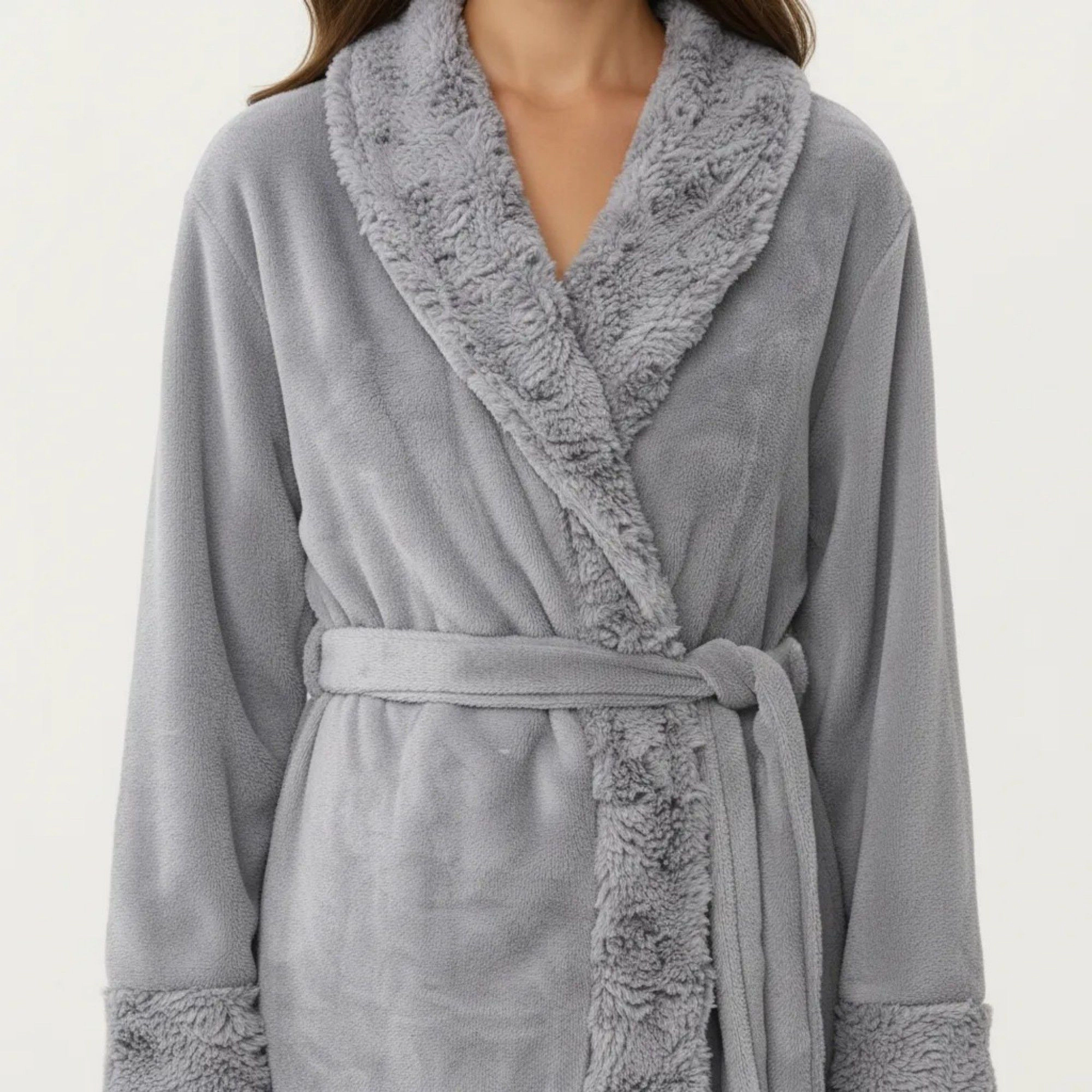 Anna-Kaci Women's Plush Bathrobe with Shawl Collar Self Tie Belt and Faux Shearling Trim