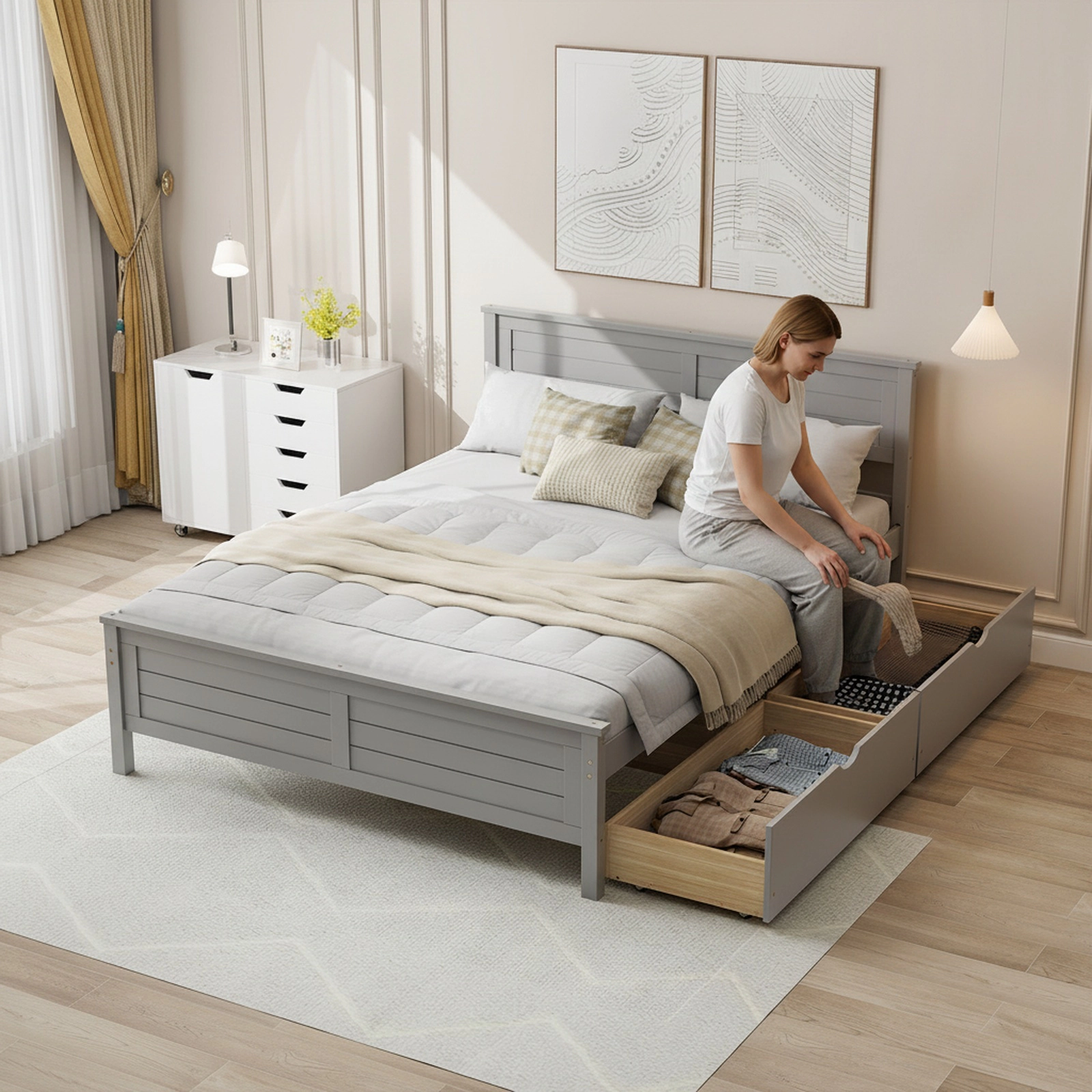 Full Size Bed Frame with 2 Storage Drawers and Solid Wood Headboard Gray Platform Bed with Wooden Slats