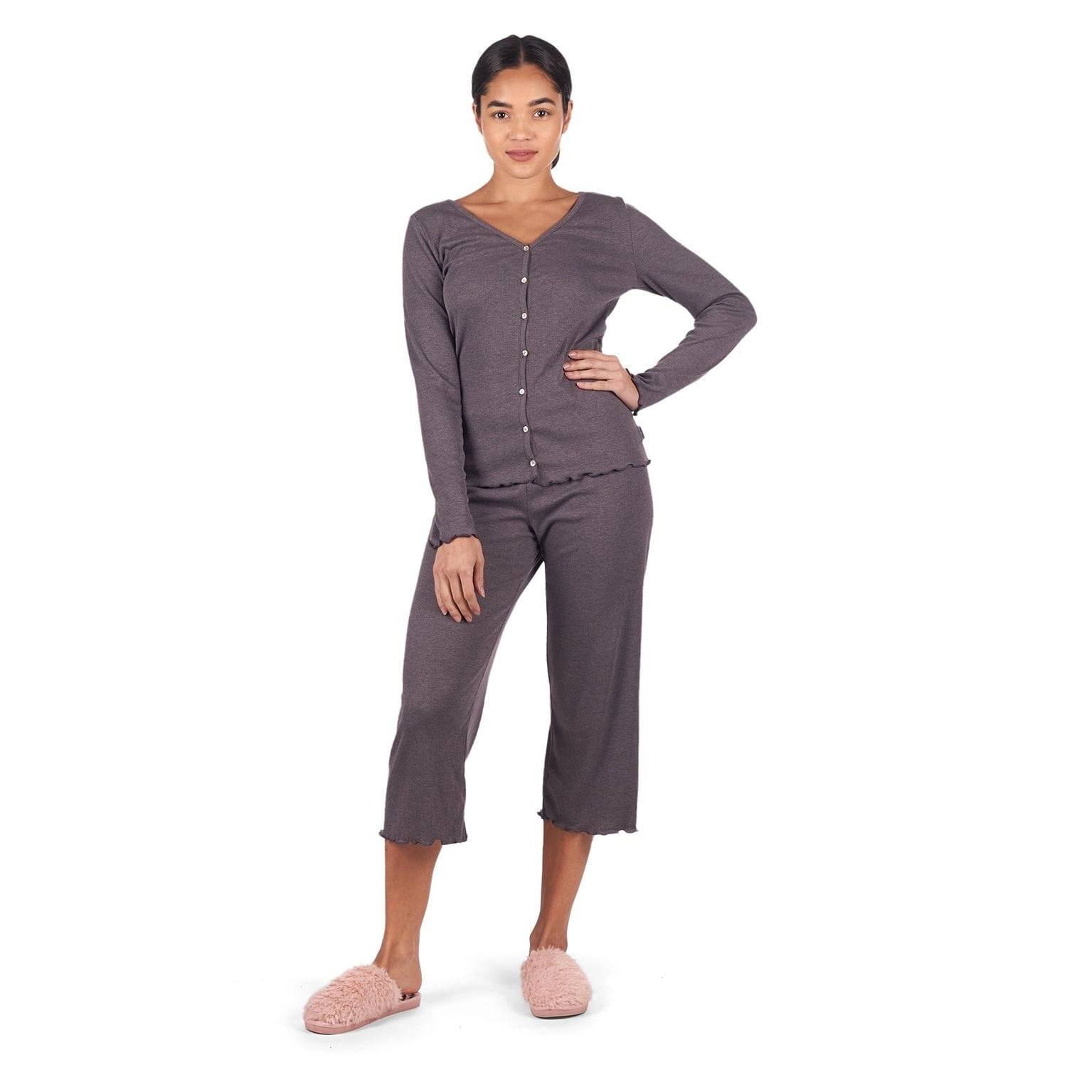 MeMoi Women's Ruffled Lettuce Edge Rib Long Sleeve and Capri Set