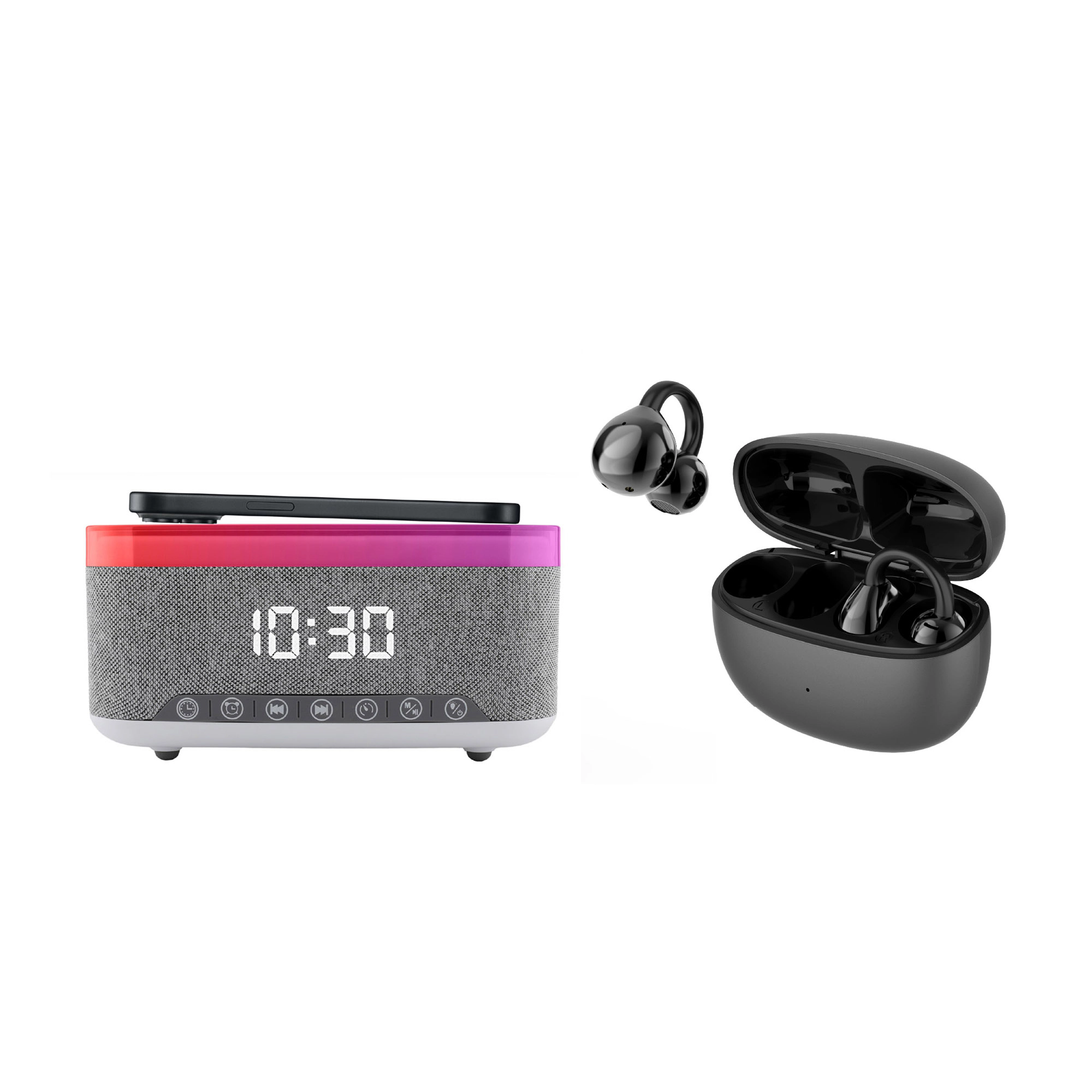 Pursonic Unisex Complete Wireless Audio & Charging Bundle Alarm Clock Radio Speaker with Wireless Charger + Earbuds