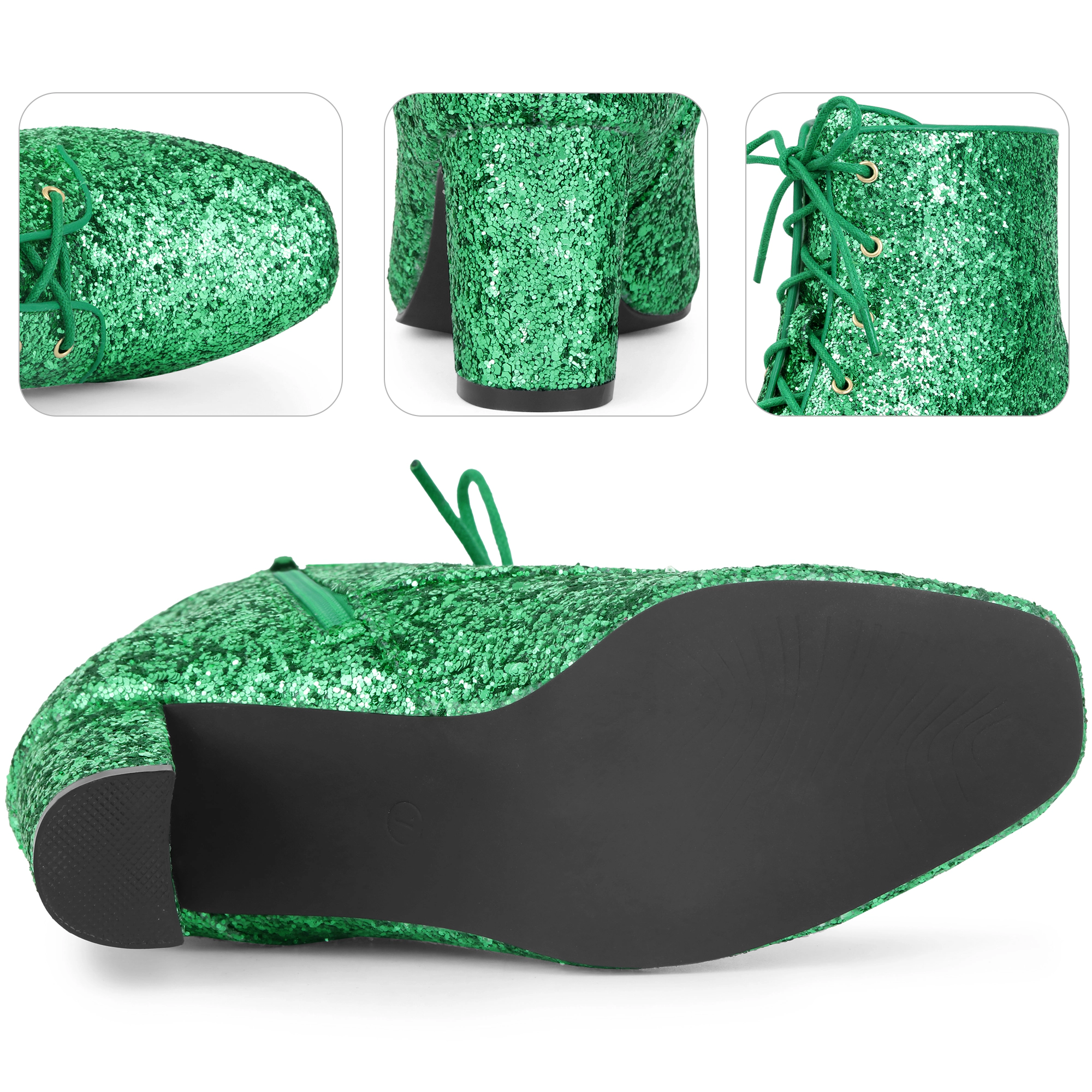 BLISSFUL STEP Women's Lace Up Square Toe Sparkly Glitter Block Heels Ankle Boots