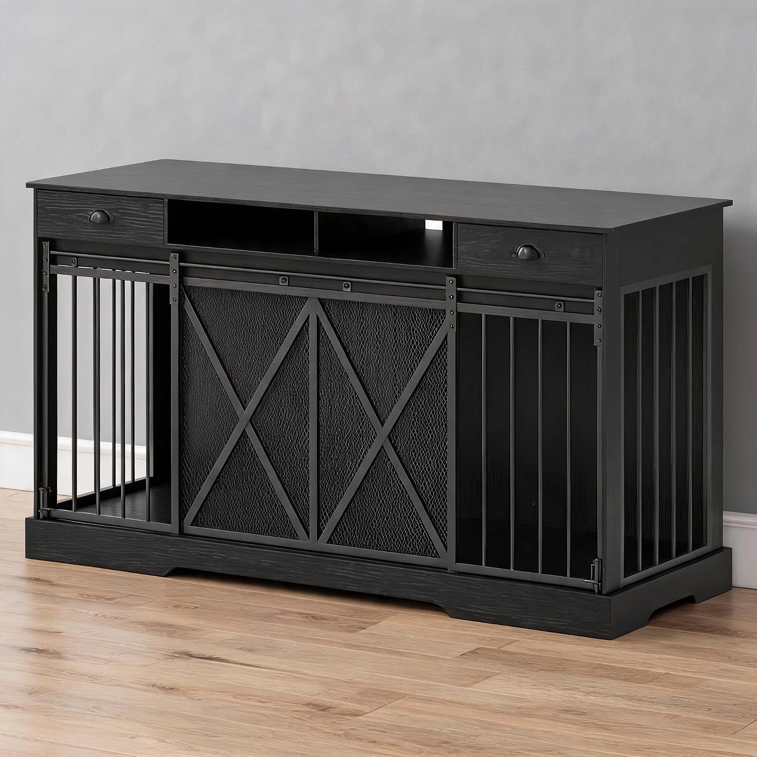 63-Inch JM-GL-100 Double-Stack Metal Dog Crate, Heavy-Duty Dual-Level Pet Cage, Pure Black