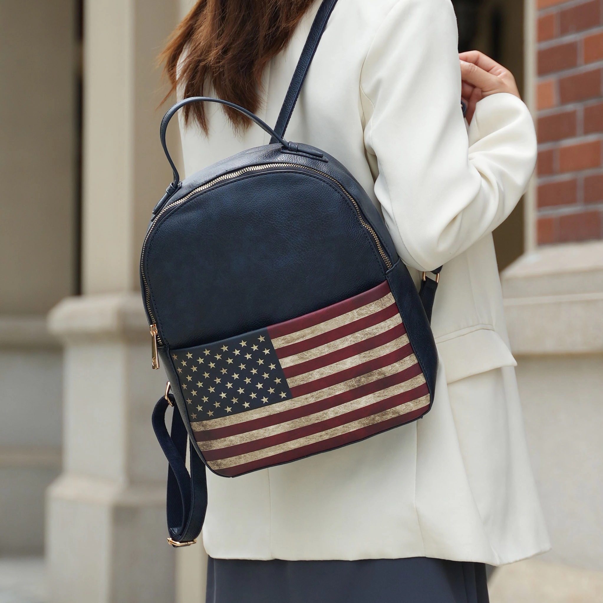 Mia K Collection Briella Vegan Leather Backpack, Patriotic Print, Gold-Tone Hardware