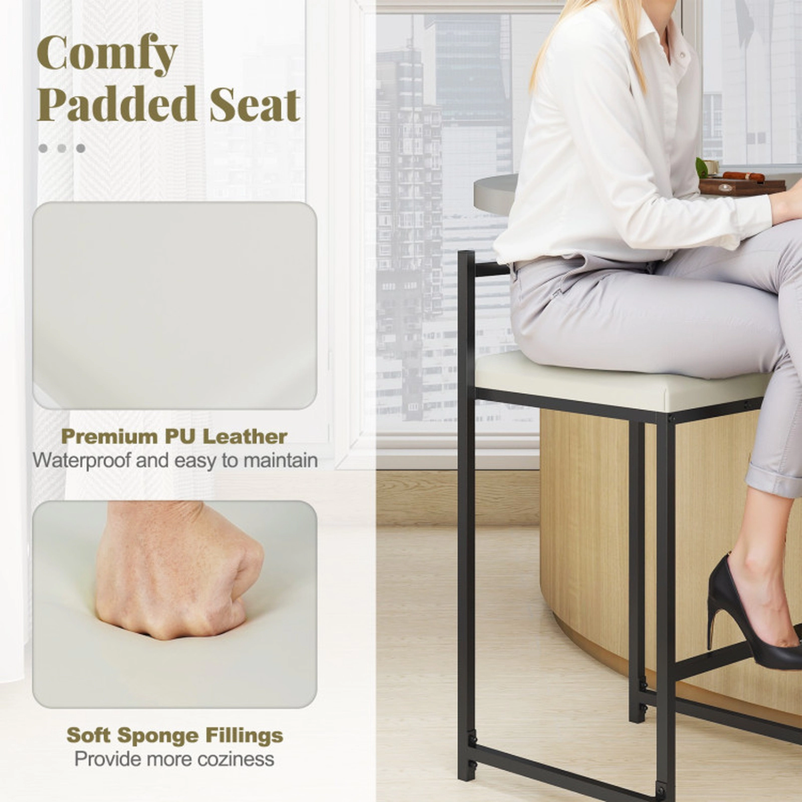 SUGIFT Set of 2 Stackable Counter Height Bar Stools Footrest 400-lb Capacity 26-in Seat Black Frame Light Gray Cushions