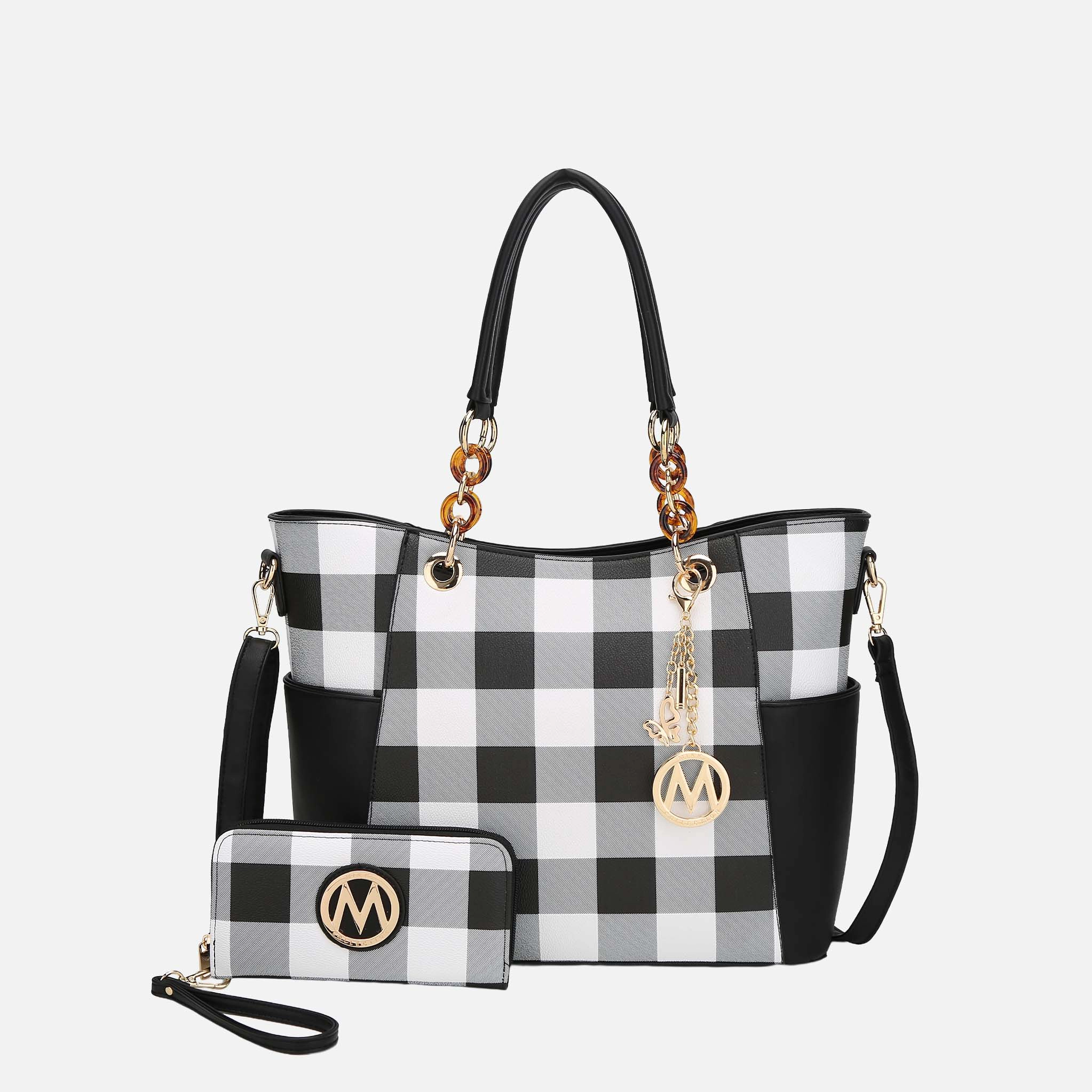 Mia K Collection Bonita Checker Tote Bag with Acrylic Chain Handles and Matching Wallet