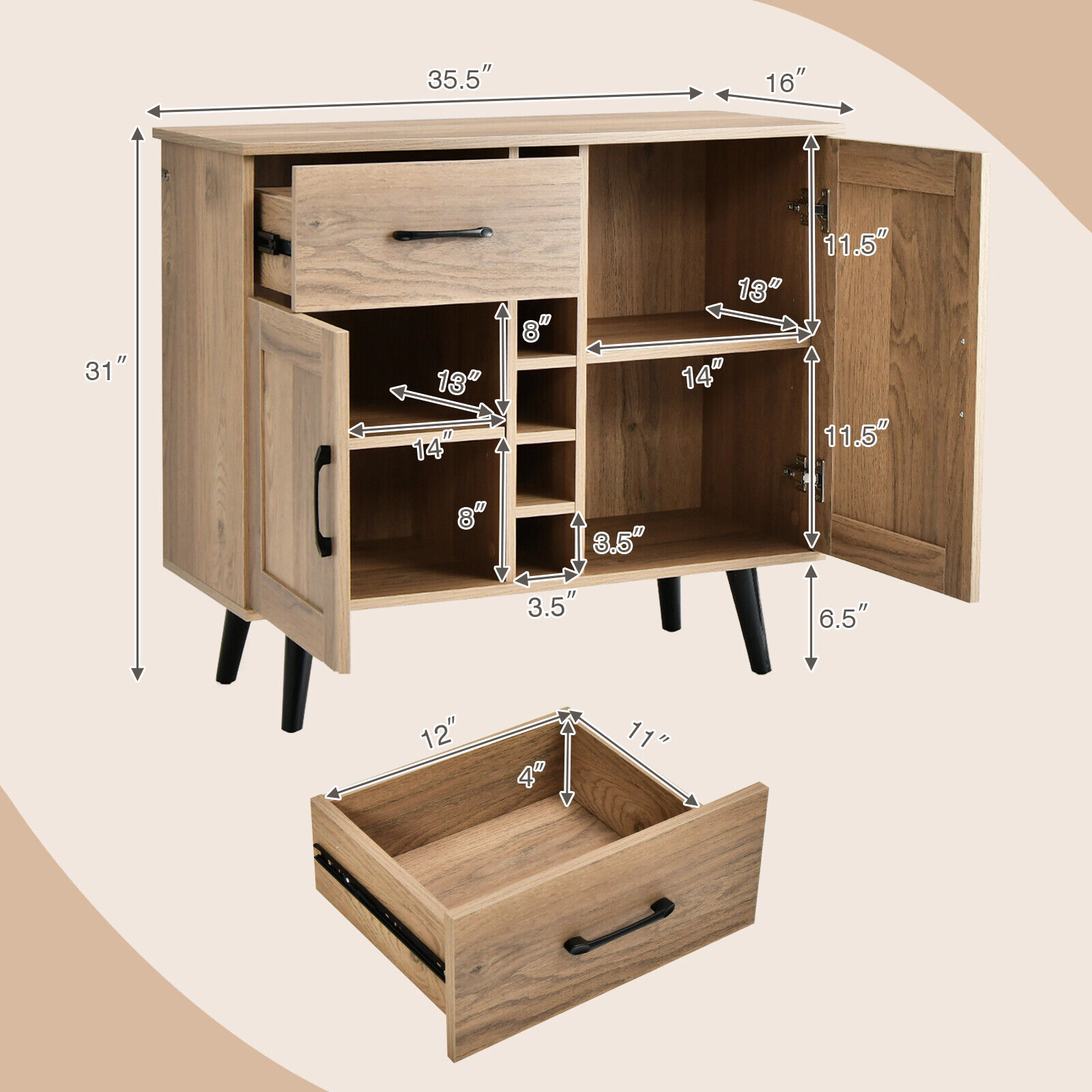SUGIFT 2-Door Buffet Sideboard with Drawer and 6-Bottle Wine Rack 125-lb Tabletop Capacity White/Black/Natural