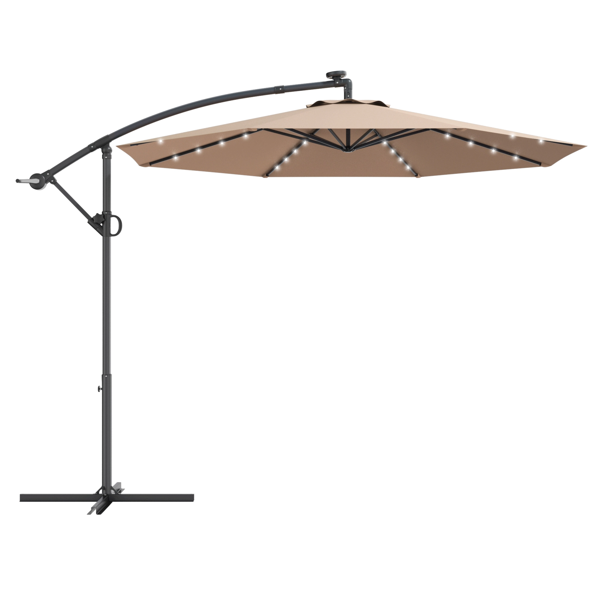 SUGIFT 10-ft Beige Solar LED Offset Patio Umbrella with 32 Lights 360-Degree Rotation and Cross Base for Deck