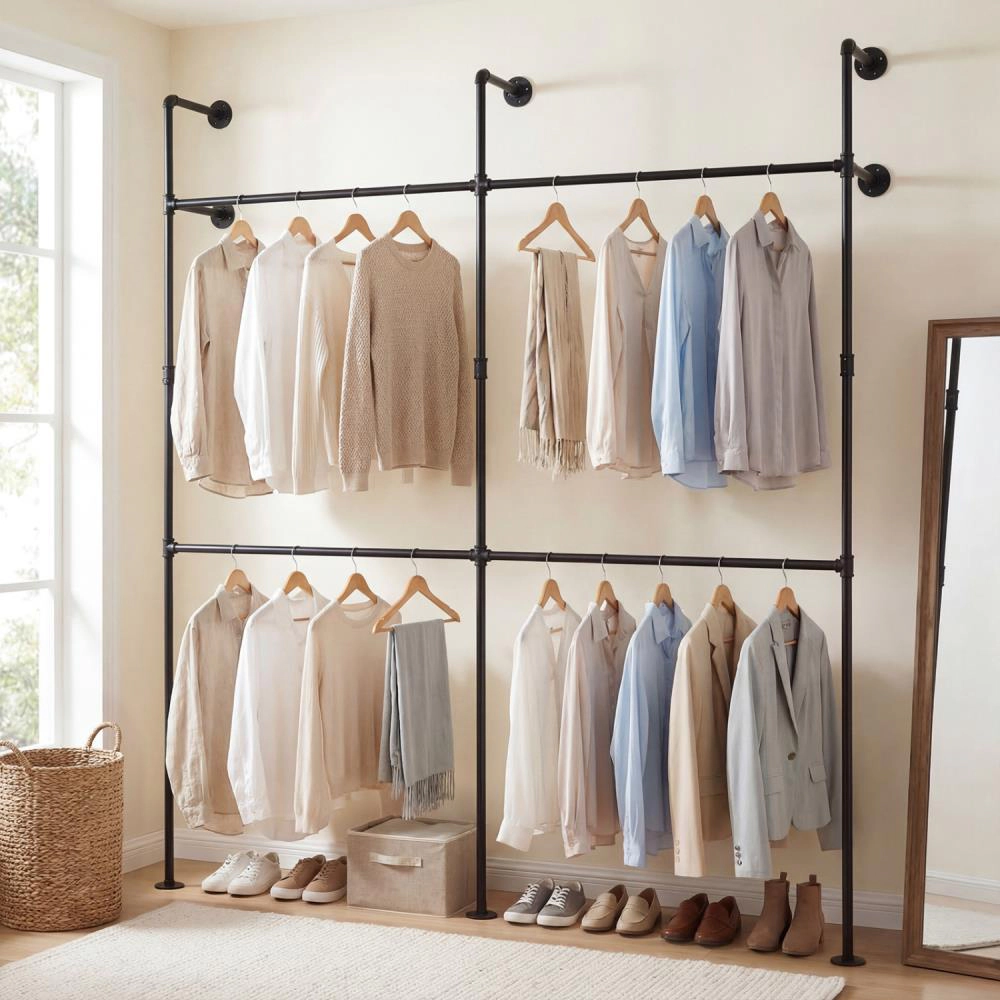 Hivvago Wall Mounted Pipe Clothing Rack with 4 Hanging Rods