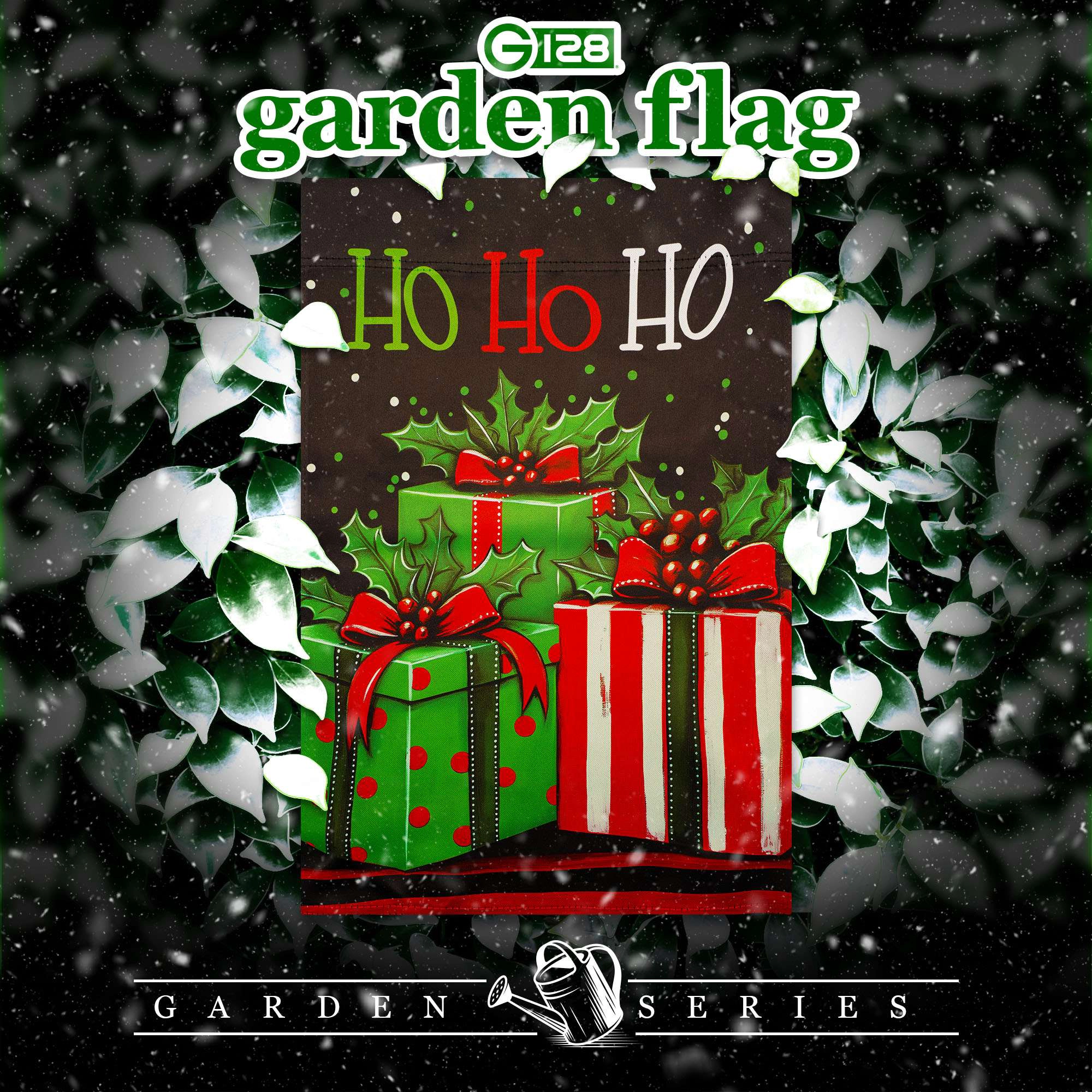 G128 Ho Ho Ho Christmas Gift Box Garden Flag 12x18 inch, Double-Sided Blockout Polyester