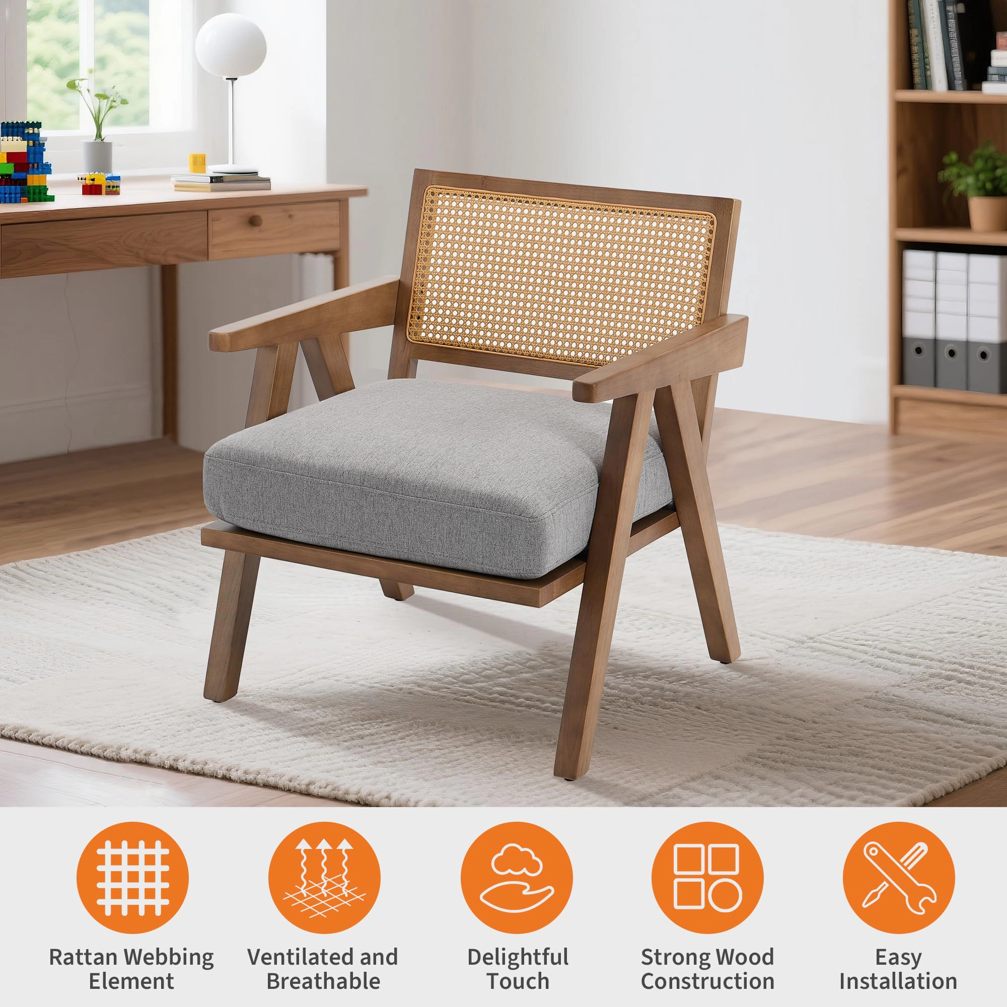 BebreezChic Mid-Century Accent Chair, Farmhouse Wood Armchair with Rattan Backrest & Cushion