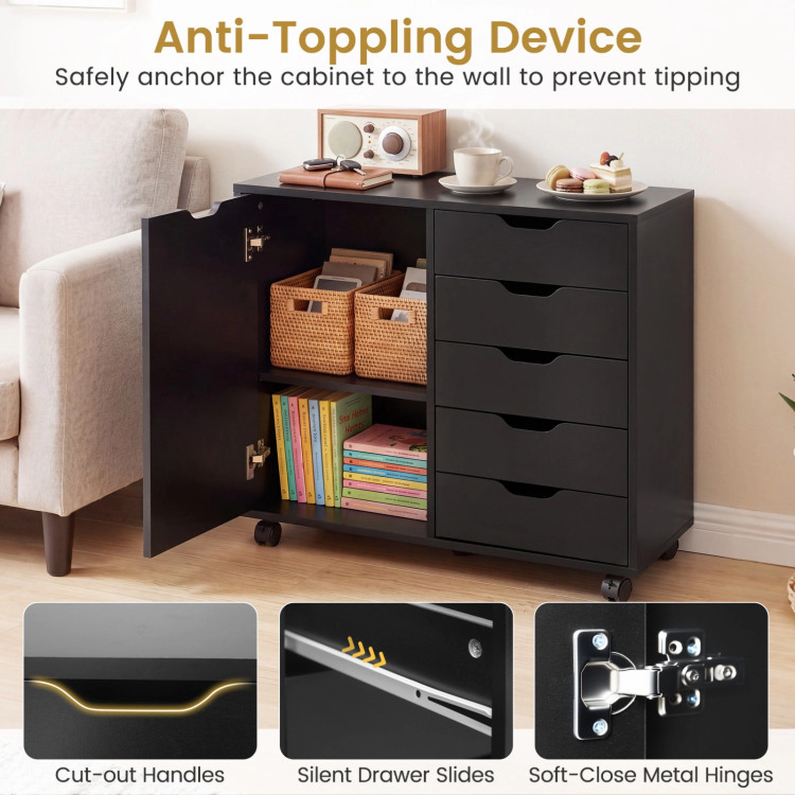 SUGIFT 5-Drawer Engineered Wood Storage Cabinet on Wheels with Adjustable Shelf 31 x 16 x 26 in Black