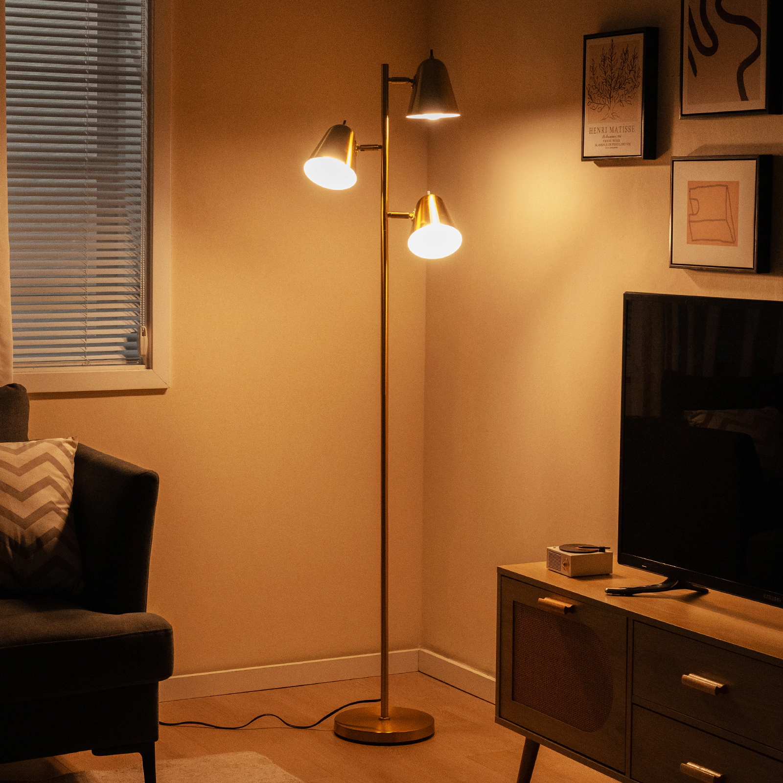 Slickblue Gold 3-Light Floor Lamp 64in Adjustable Reading Lamp with Individual Switches
