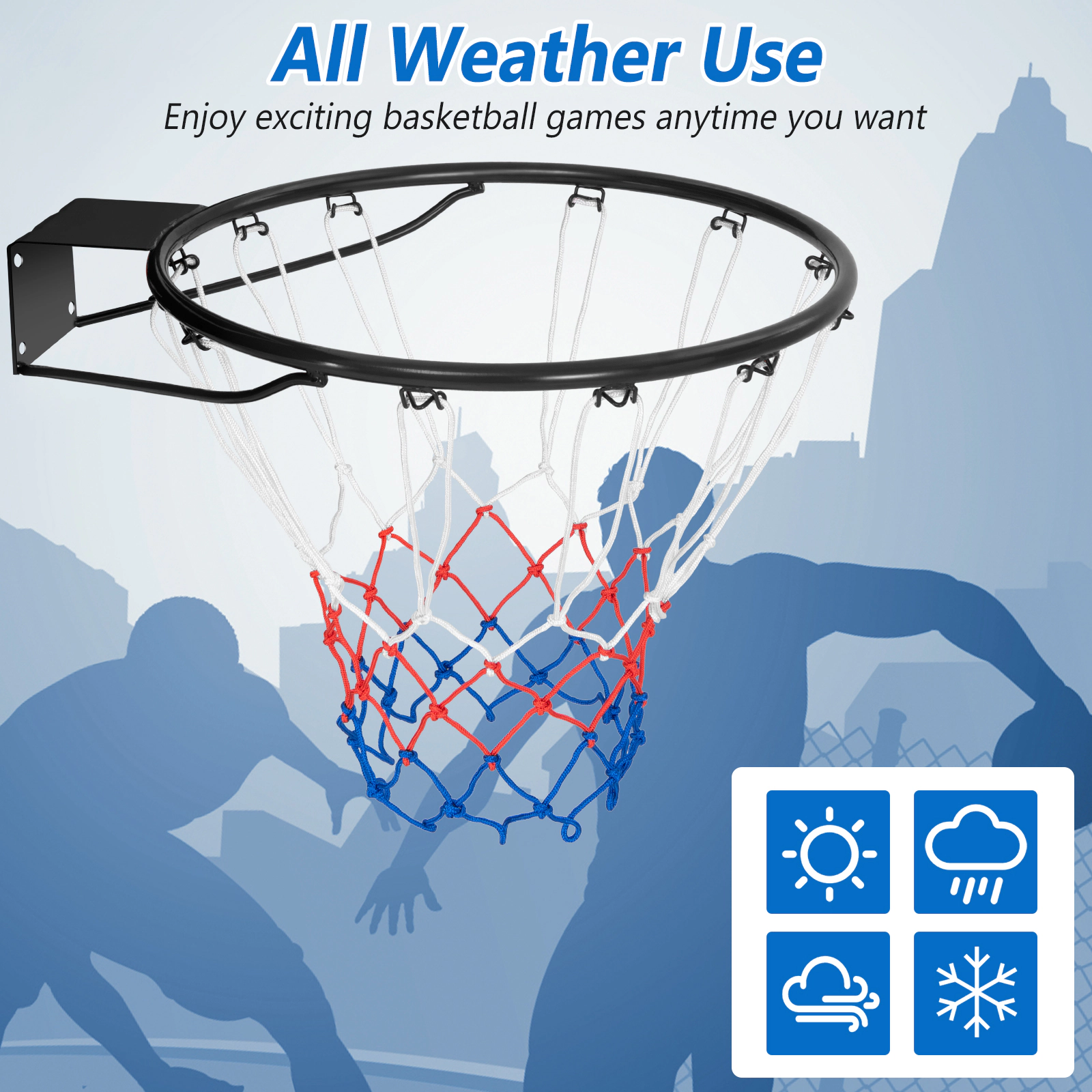 SUGIFT Black 15-in Basketball Rim Goal Replacement with All Weather Net and Mounting Hardware 19.5-in W 16-in D