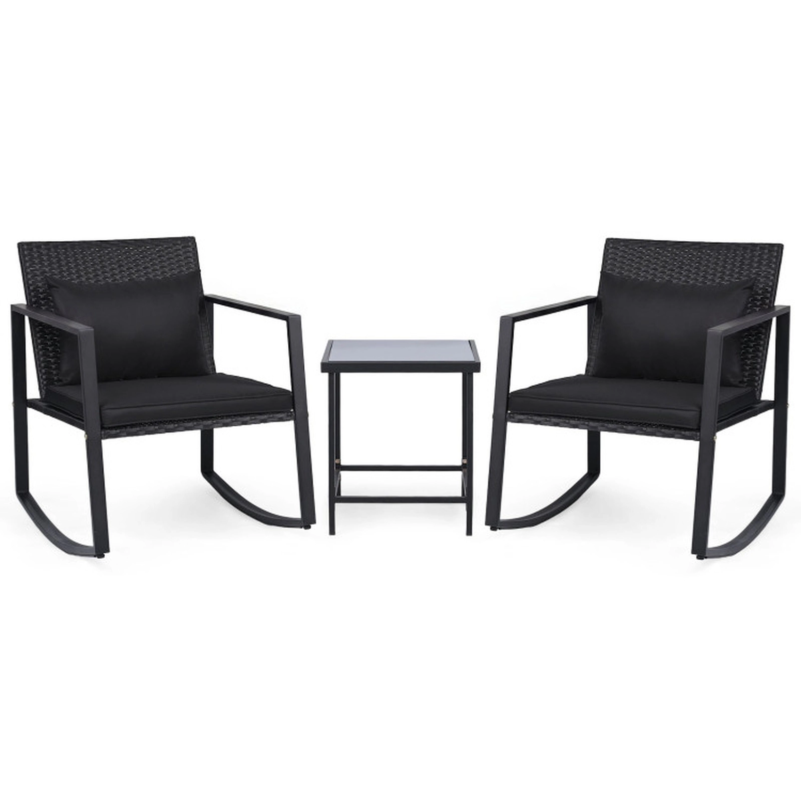 SUGIFT 3-Piece Black Wicker Patio Rocking Chair Set with Cushions and Glass Table