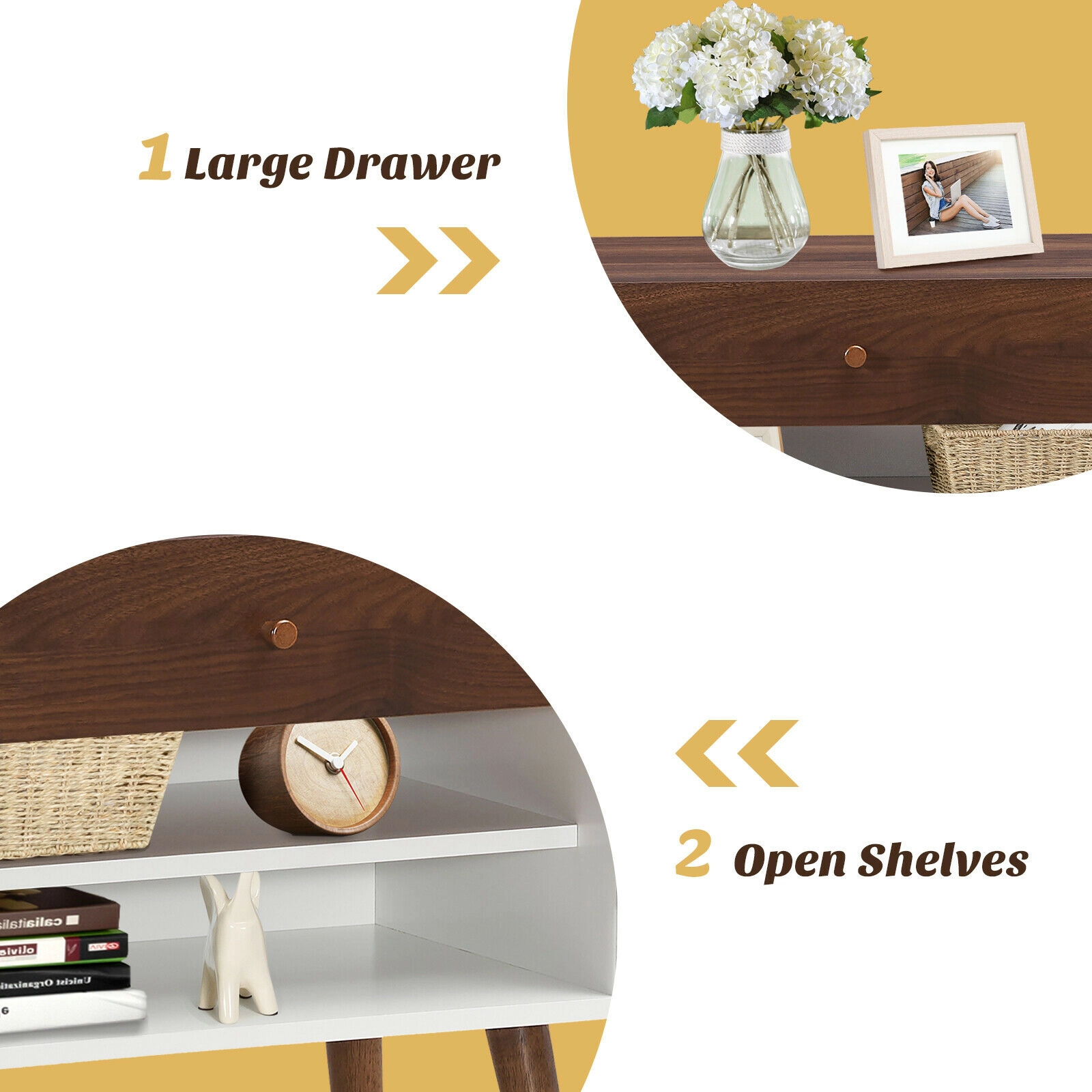 Glintex Mid-Century Nightstand with Large Drawer 2 Open Shelves and Rubber Wood Legs, Walnut