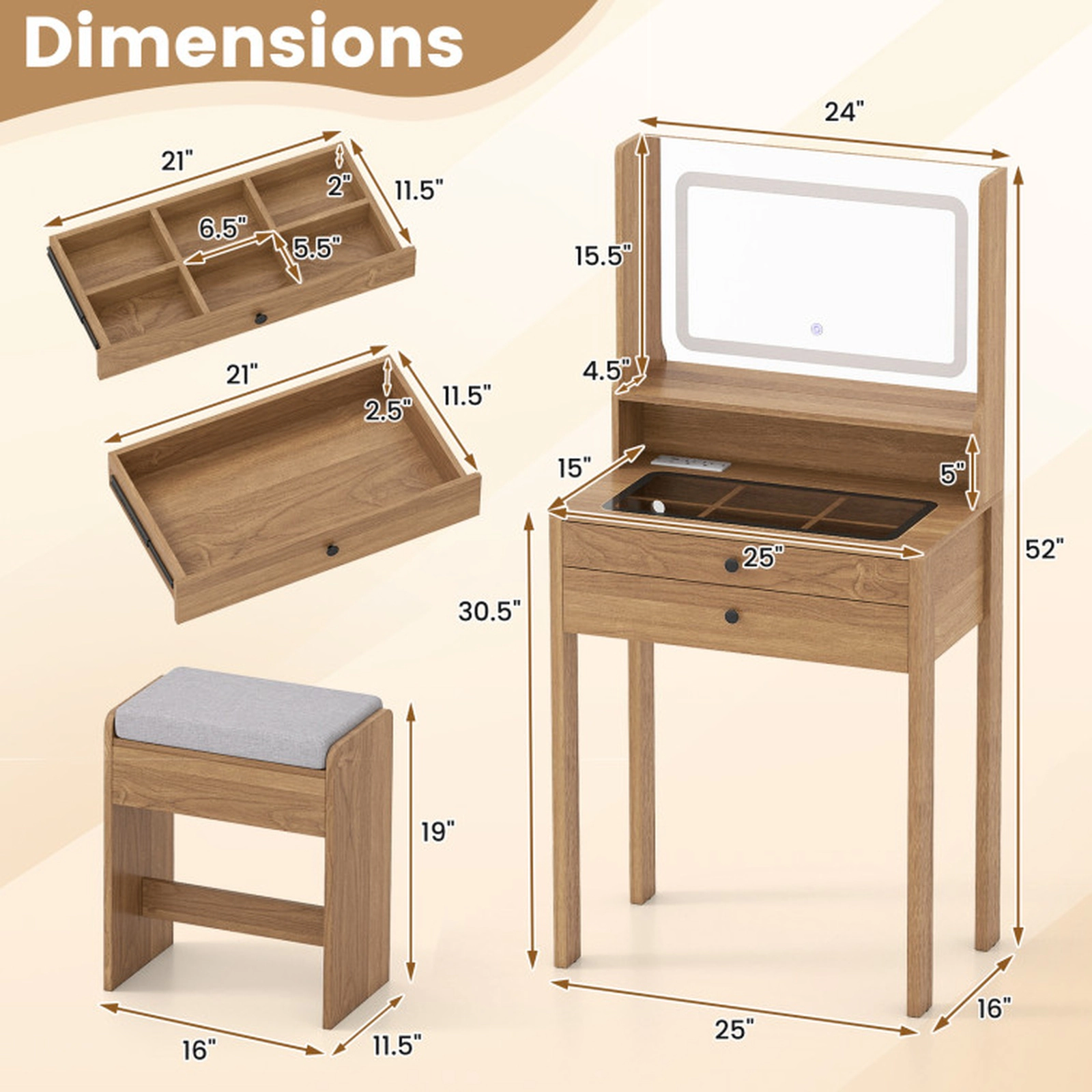 SUGIFT Natural Compact Vanity Desk Set with Lighted Mirror, 2 Drawers and Cushioned Stool