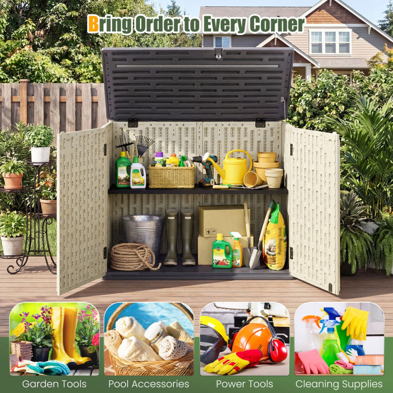 SUGIFT 20-cu ft 860-lb Capacity Horizontal Resin Outdoor Storage Shed with 3-Position Adjustable Shelf