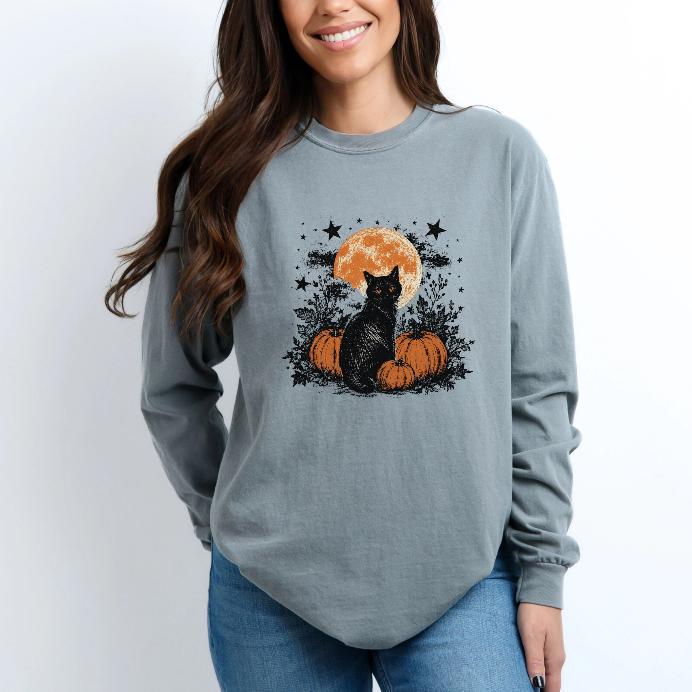 Simply Sage Market - Women's Garment Dyed Long Sleeve Graphic T-Shirt Black Cat Pumpkins