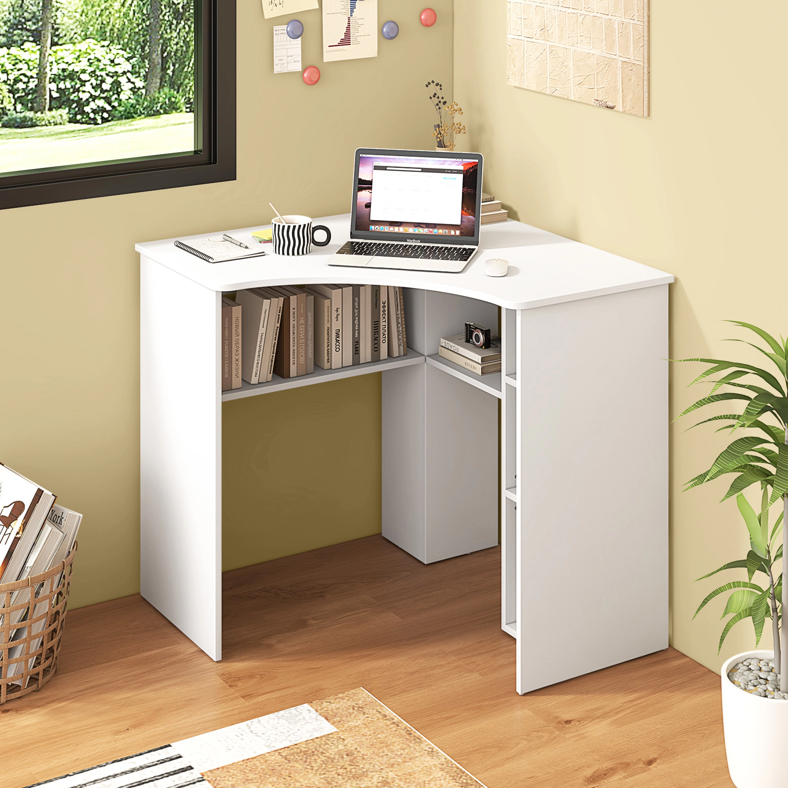 SUGIFT 90° Corner Triangle Computer Desk with Adjustable Shelf and Arc-Shaped Profile 220-lb Tabletop Capacity White