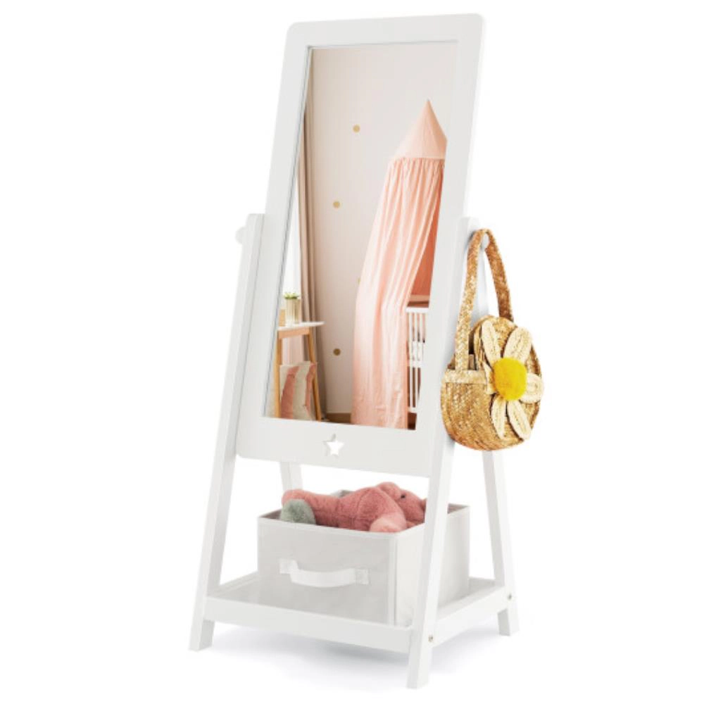 Hivvago Kids Full Length Wooden Standing Mirror With Bottom Shelf And Foldable Storage Bin-White