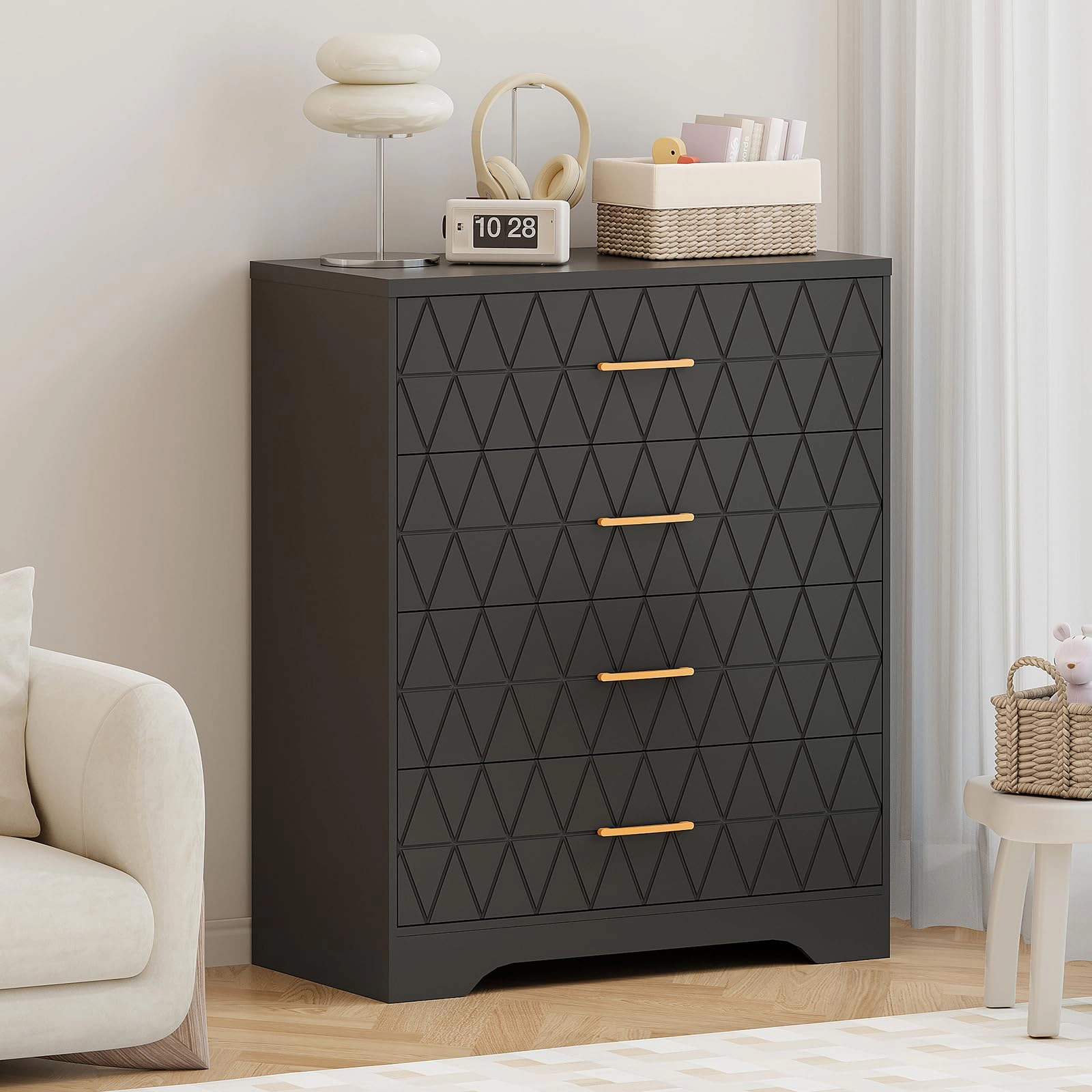 4 Drawer Wooden Dresser with Gold Handles, Modern Nightstand & Storage Organizer for Bedroom