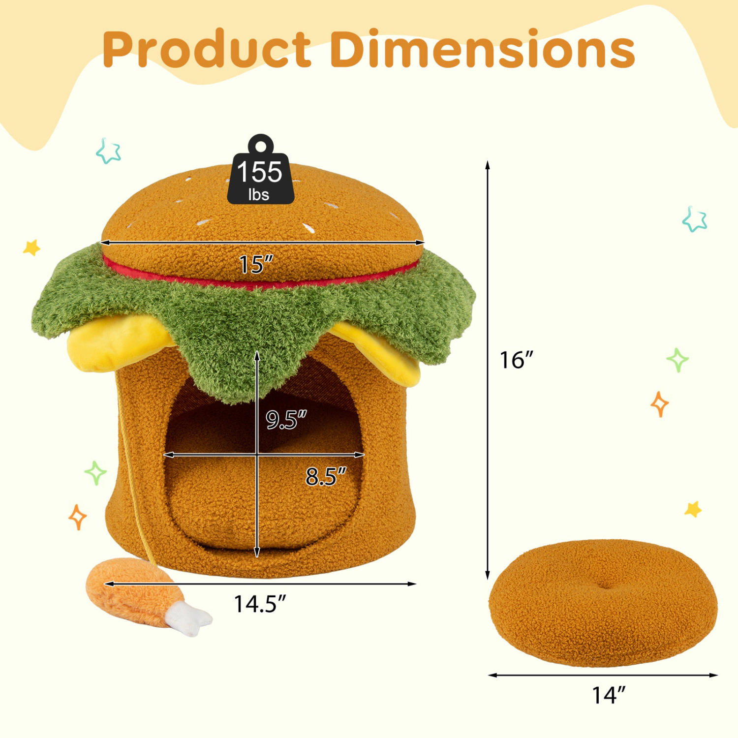 SUGIFT Hamburger Cat Nest Pet House with Chicken Drumstick Toy and Removable Cushion 155-lb Capacity Indoor Stool Yellow