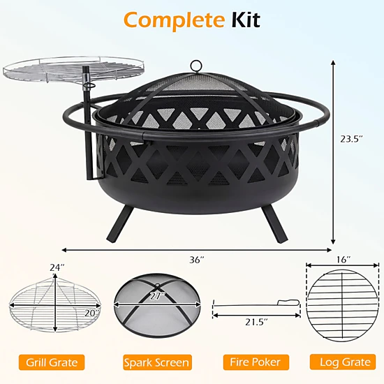 SUGIFT 36-Inch Black Wood-Burning Fire Pit with Rotatable Grill Grate ...