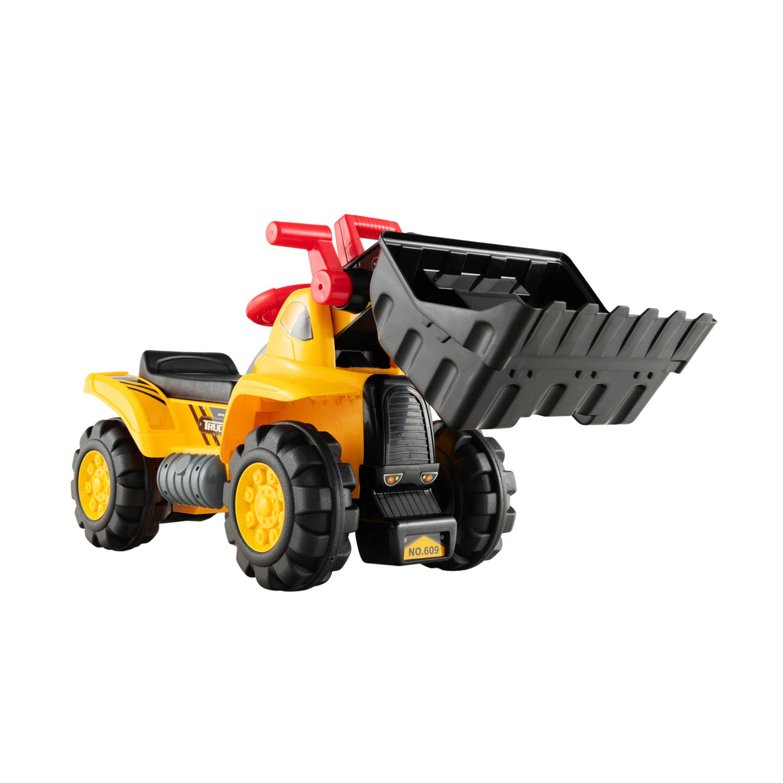 SUGIFT Adjustable Bucket Ride On Bulldozer Toy Play Truck 55-lb Capacity Ages 3+ Yellow with Helmet and Toy Stones