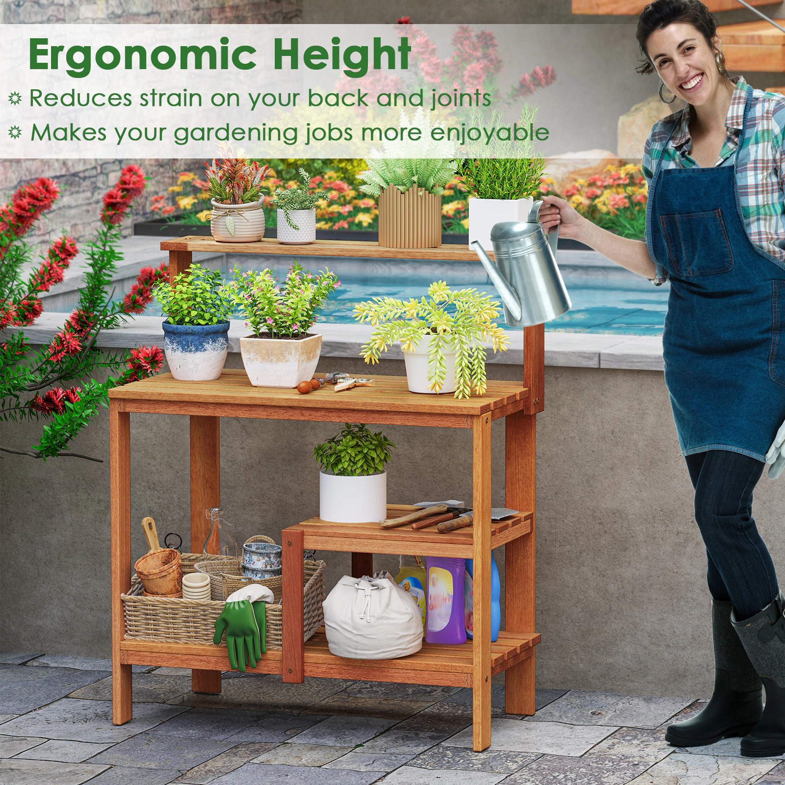SUGIFT Natural Wood Potting Bench with 2-Tier Open Shelves 35.5-in W 19-in D 43-in H 33-lb Countertop Capacity