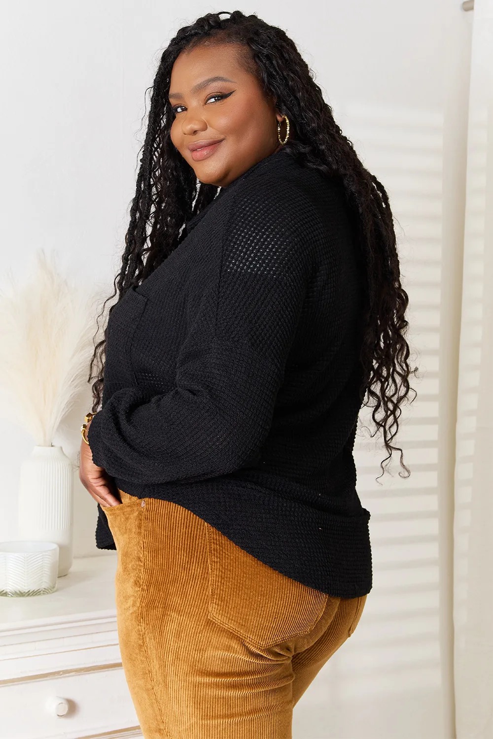 TRUEDAMES Women Waffle-Knit Collared Neck Dropped Shoulder Shirt