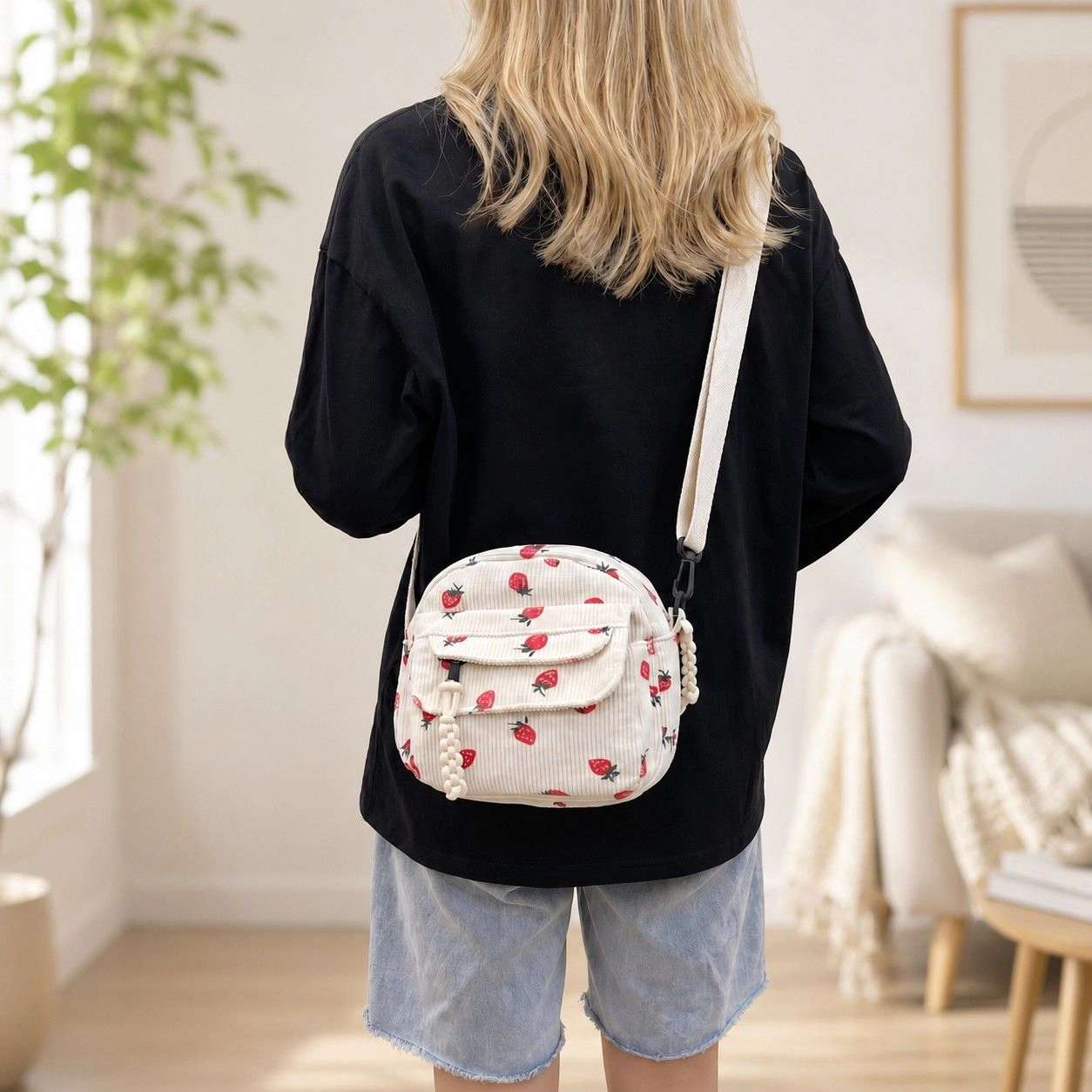 Alilang Women's Strawberry Print Corduroy Crossbody Bag with Front Pocket and Adjustable Strap, Ivory