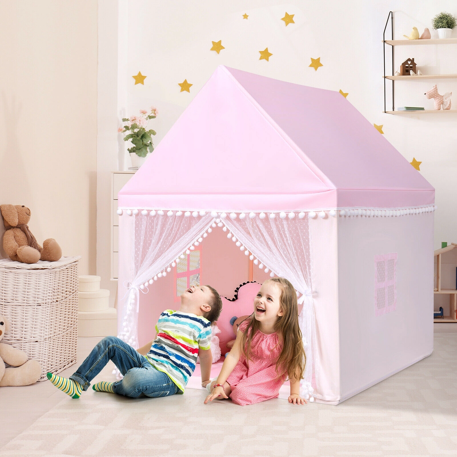 SUGIFT Solid Wood Frame Kids Play Castle Tent Playhouse with Thick Cotton Mat 55-in Tall Pink