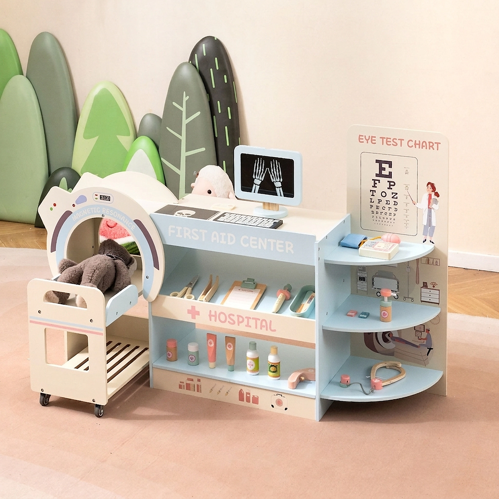 Kids Doctor Play Set Wooden Hospital Office Kit Eye Chart Toy CT Machine Rolling Trolley 45.5-in x 12-in x 28.5-in Blue