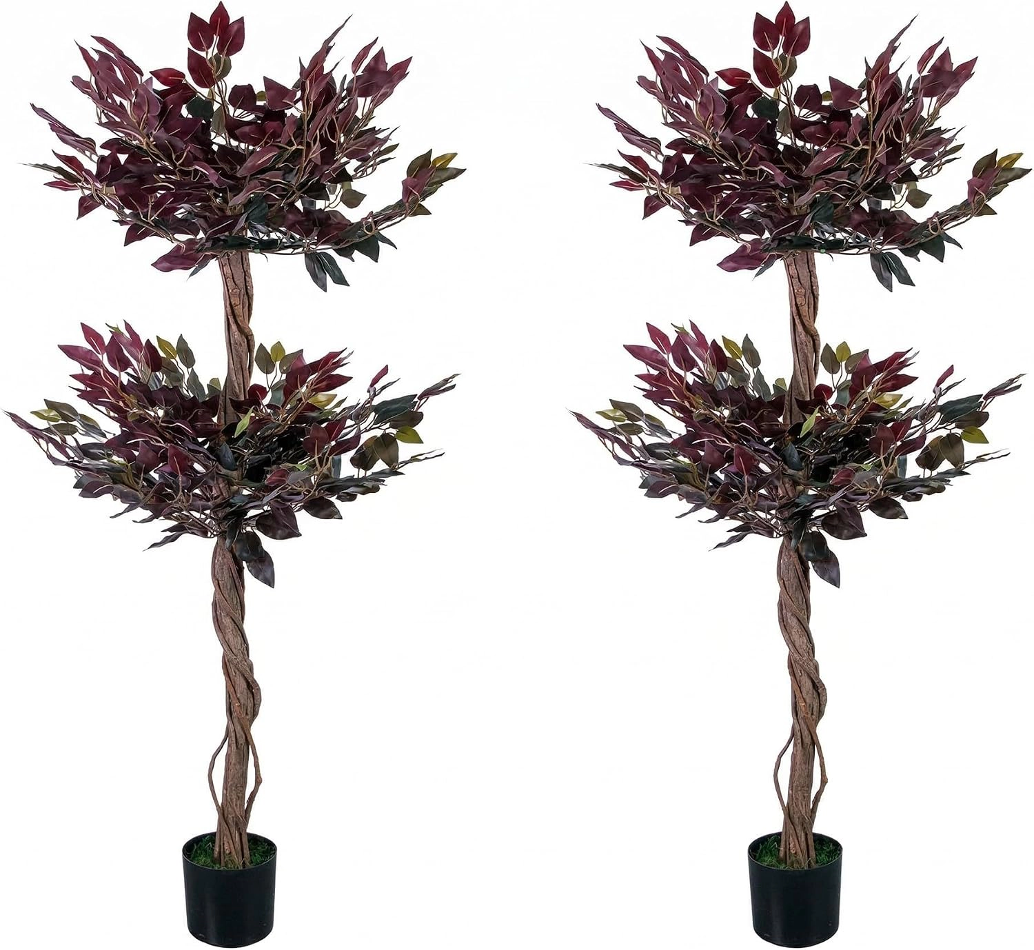 2 Pack Artificial Ficus Tree 5FT Tall, Purple Potted Faux Plant with Cement Planter and Moss