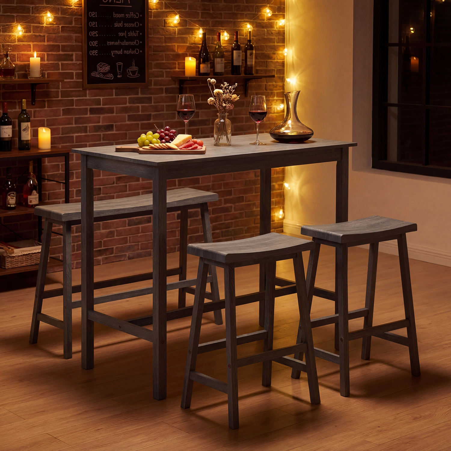 LJG 4-Piece Counter Height Dining Table Set with Power Outlet Solid Rubber Wood Kitchen
