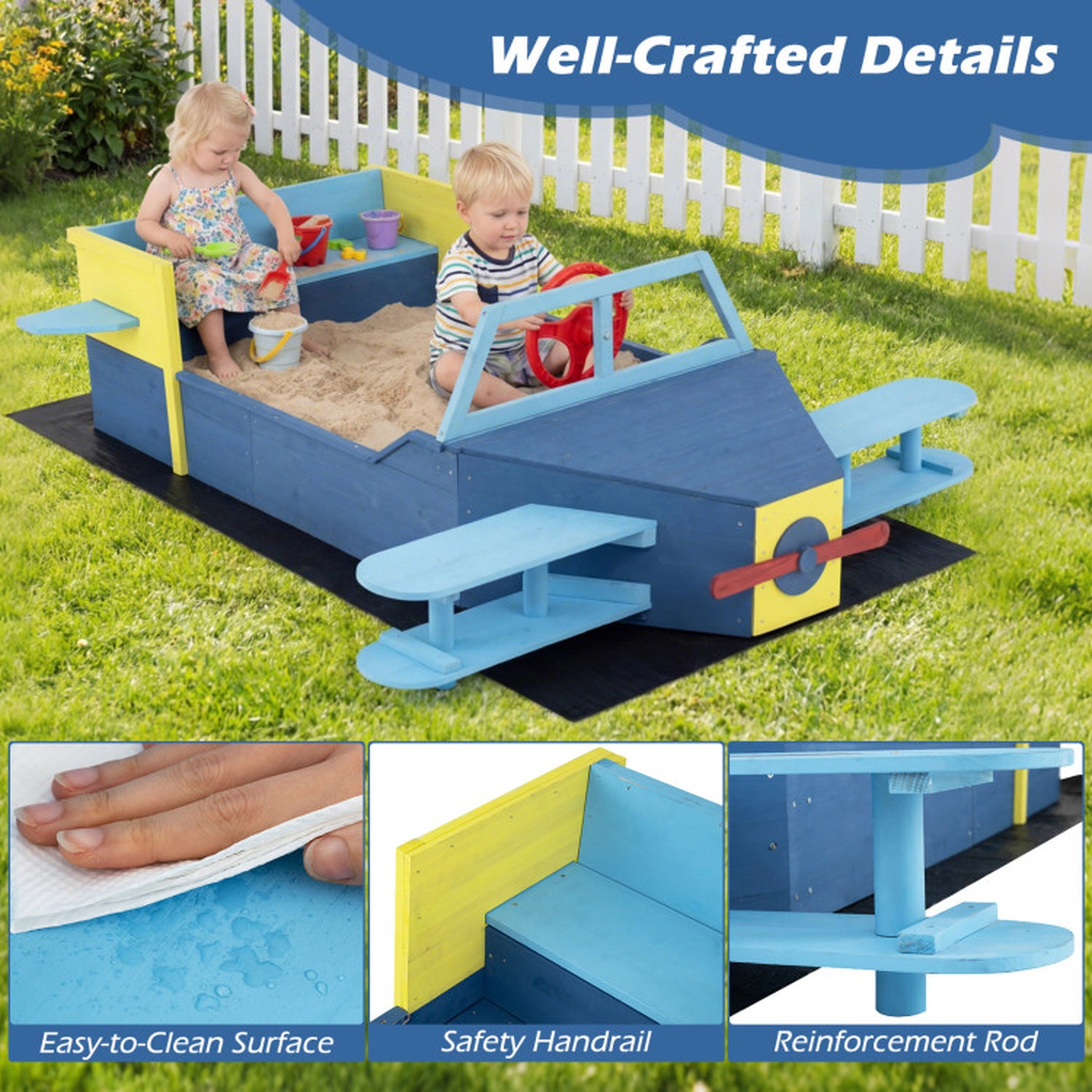 SUGIFT Large Wooden Kids Sandbox with Bottom Liner and Bench Seat 110-lb Bench Capacity Ages 18+ Months Blue